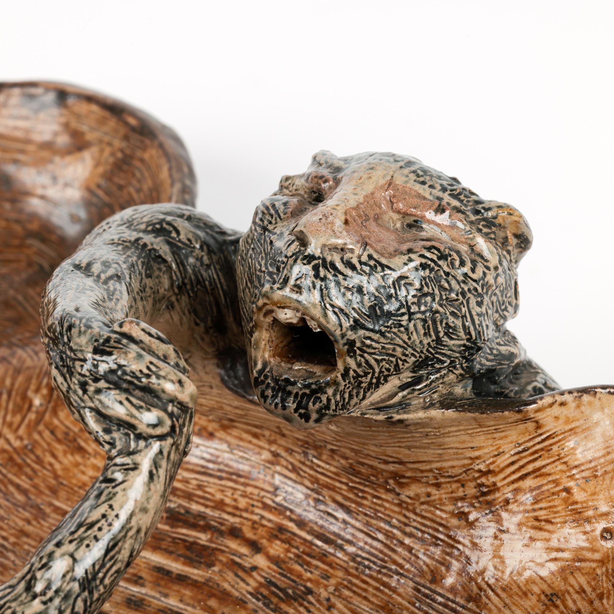 British Martin Brothers Rare Grotesque Arm Wrestling Monkeys Stoneware Dish For Sale