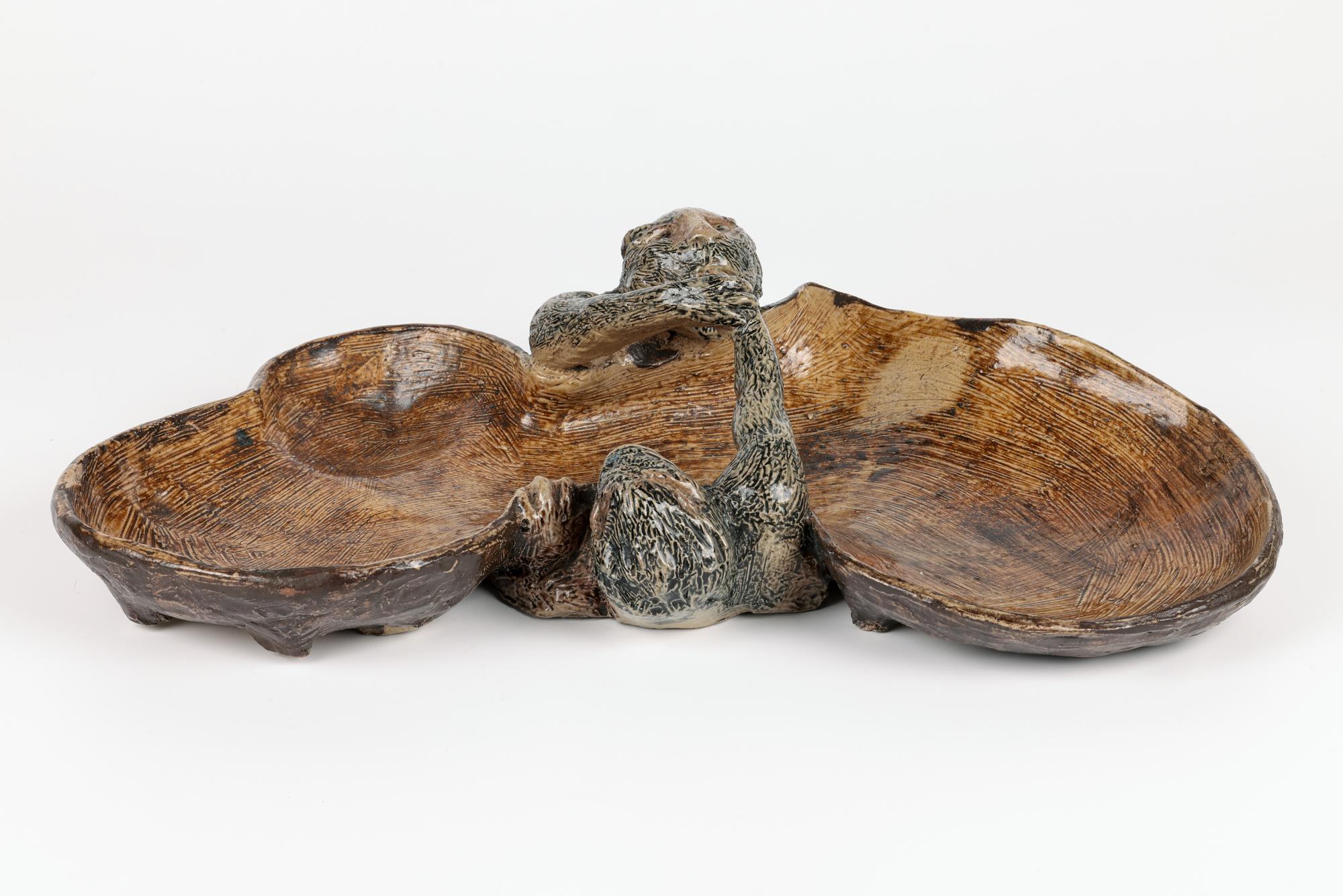 Glazed Martin Brothers Rare Grotesque Arm Wrestling Monkeys Stoneware Dish For Sale
