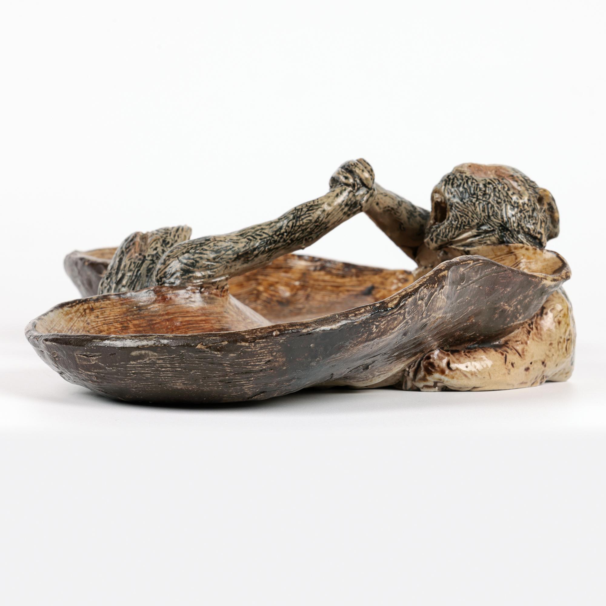 Late 19th Century Martin Brothers Rare Grotesque Arm Wrestling Monkeys Stoneware Dish For Sale