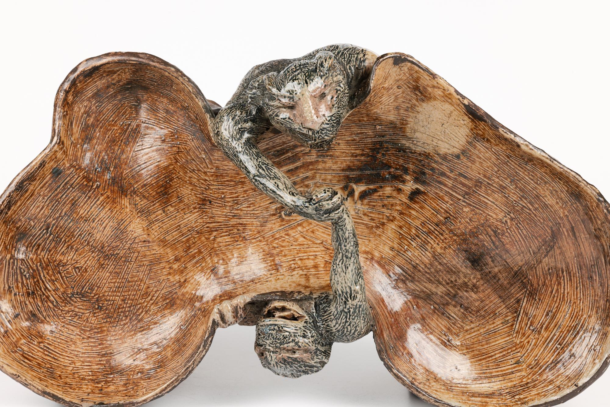 Martin Brothers Rare Grotesque Arm Wrestling Monkeys Stoneware Dish For Sale 1
