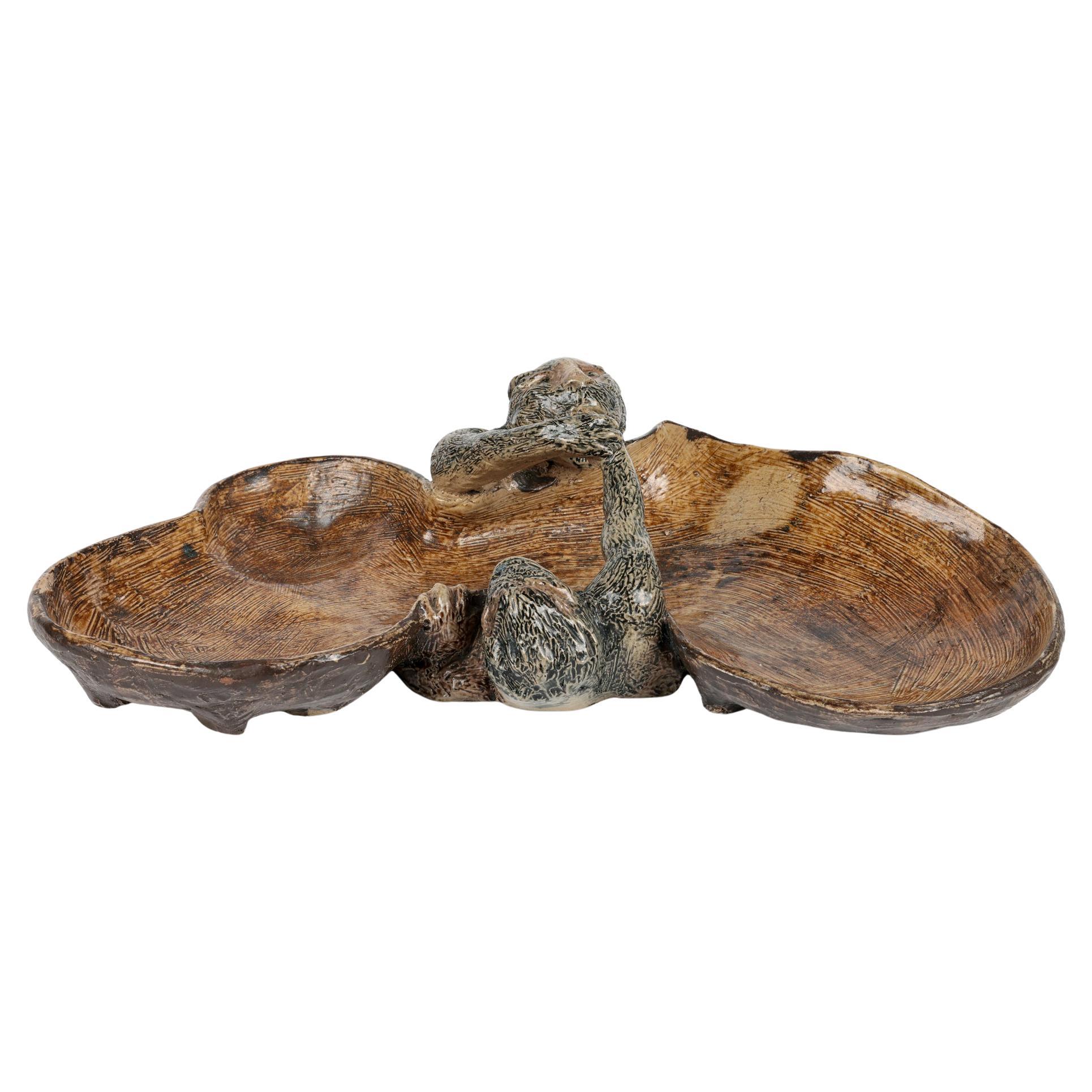 Martin Brothers Rare Grotesque Arm Wrestling Monkeys Stoneware Dish For Sale