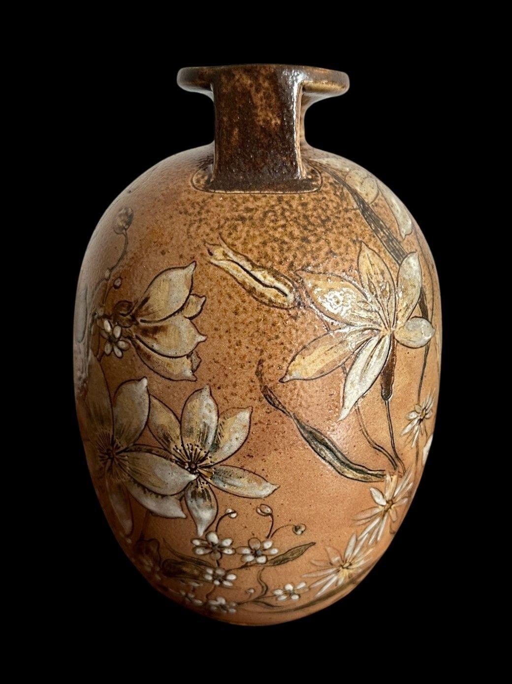 187
Martin Brother’s Twin Hangled Vase decorated with flowers.
This well fired example comes from a private collection having been purchased from Sothebys on 2001
22cm high, 13 cm wide, dated 1886