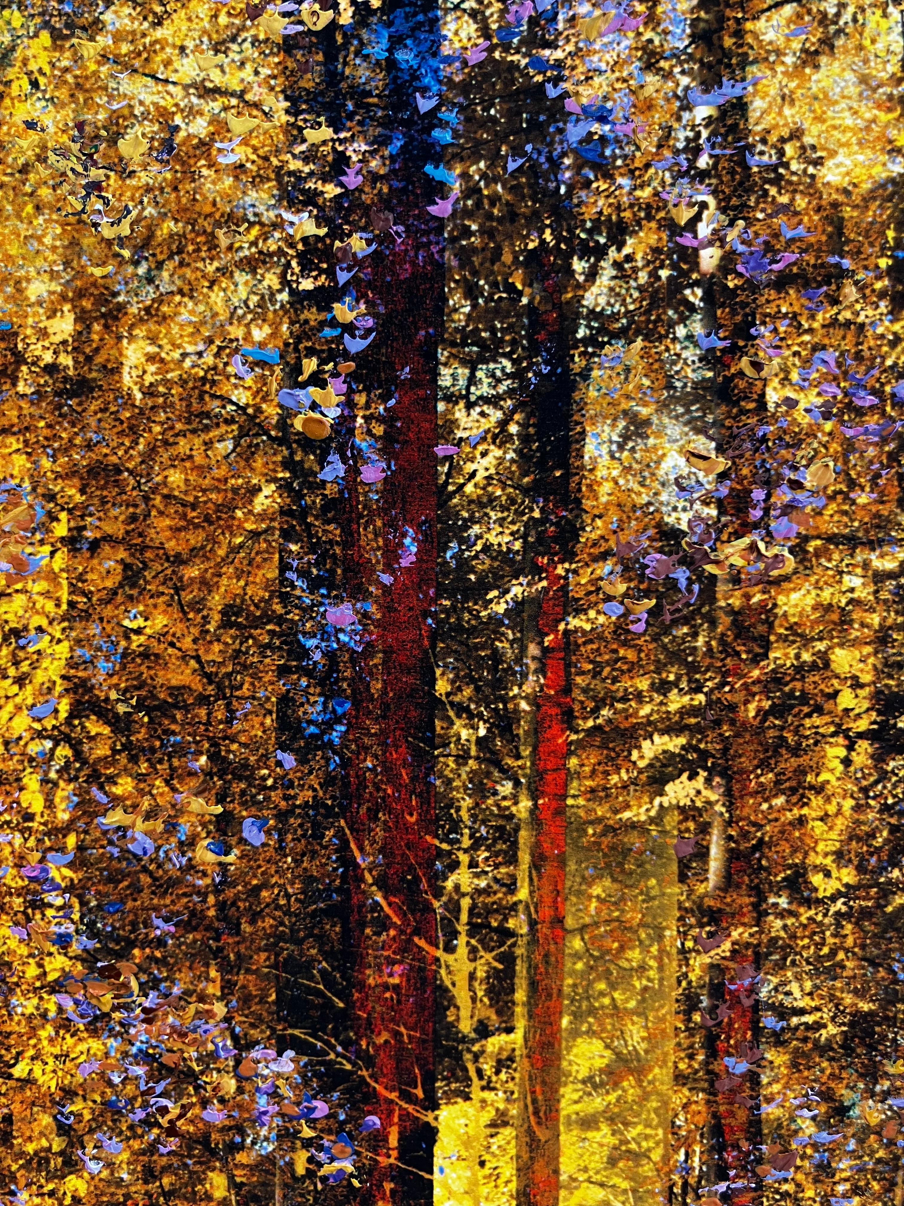 'Dreams' Unique Artwork of a Forest in Yellow, Pink, Purple, Blue, Trees - Contemporary Mixed Media Art by Martin Coiffier
