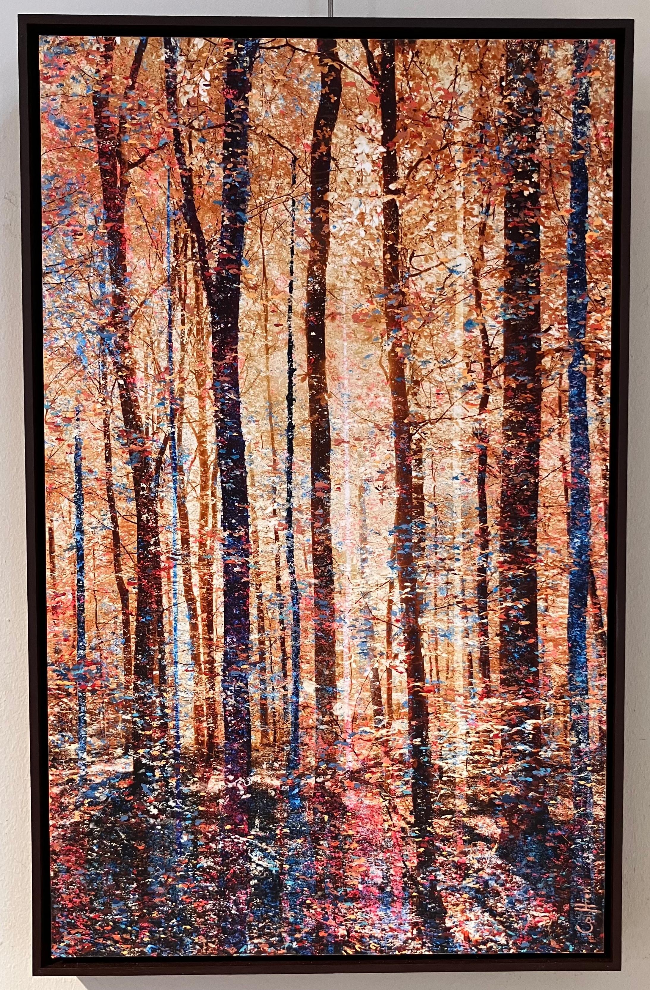 ''Emerveillement'' Oeuvre d'art unique d'une forêt en beige, rose et bleu, arbres - Contemporain Mixed Media Art par Martin Coiffier