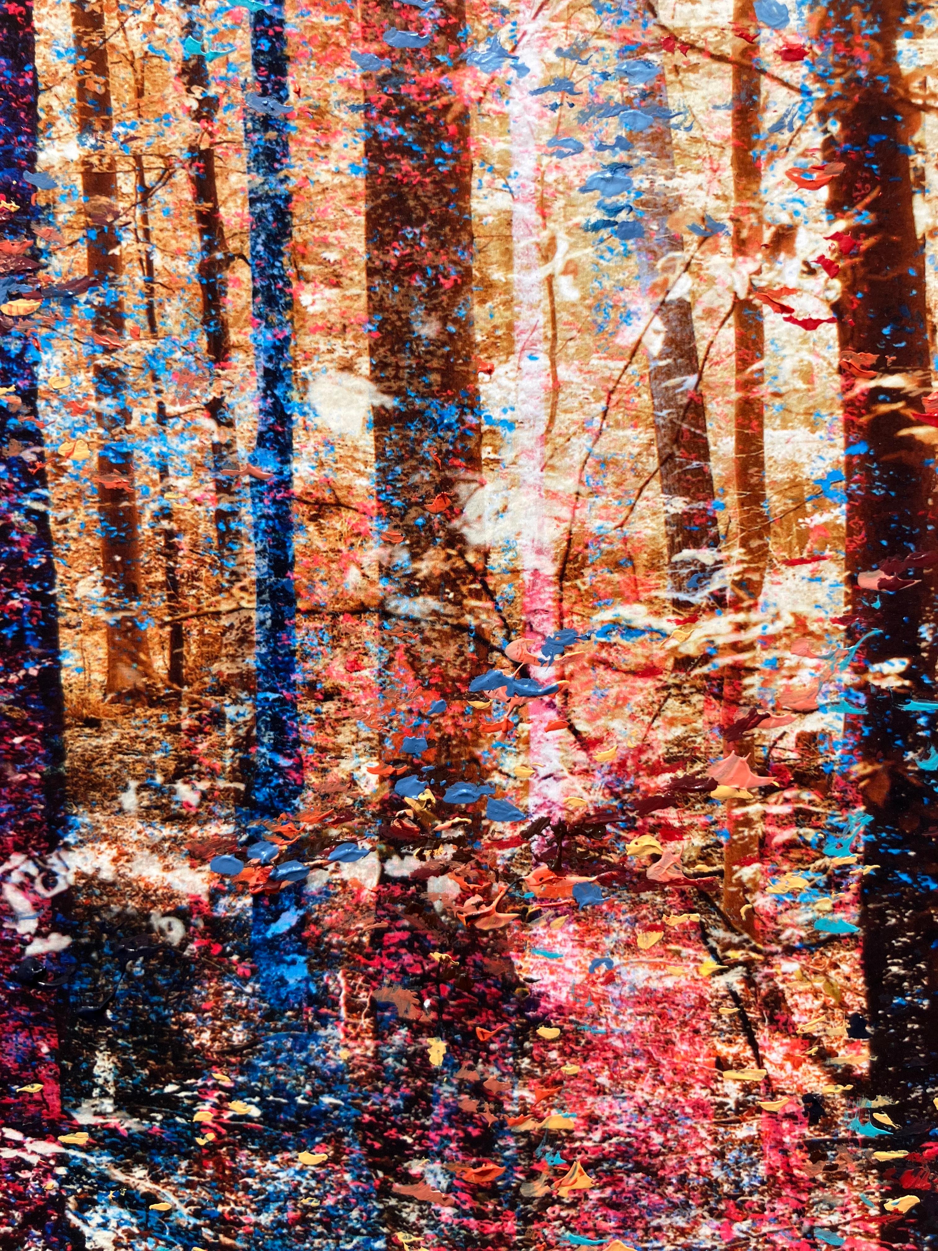 ''Emerveillement'' Oeuvre d'art unique d'une forêt en beige, rose et bleu, arbres 2
