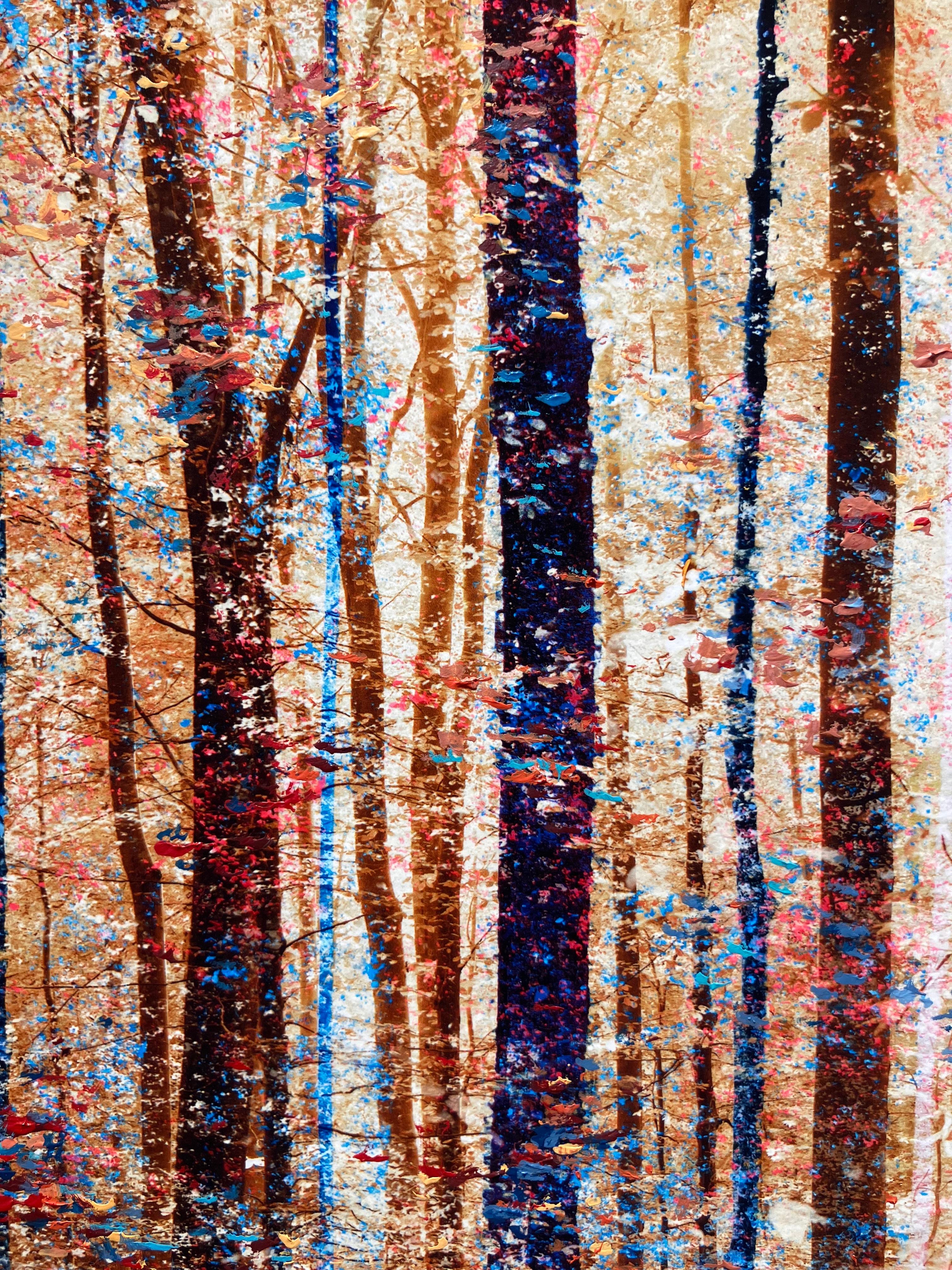 ''Emerveillement'' Oeuvre d'art unique d'une forêt en beige, rose et bleu, arbres 3