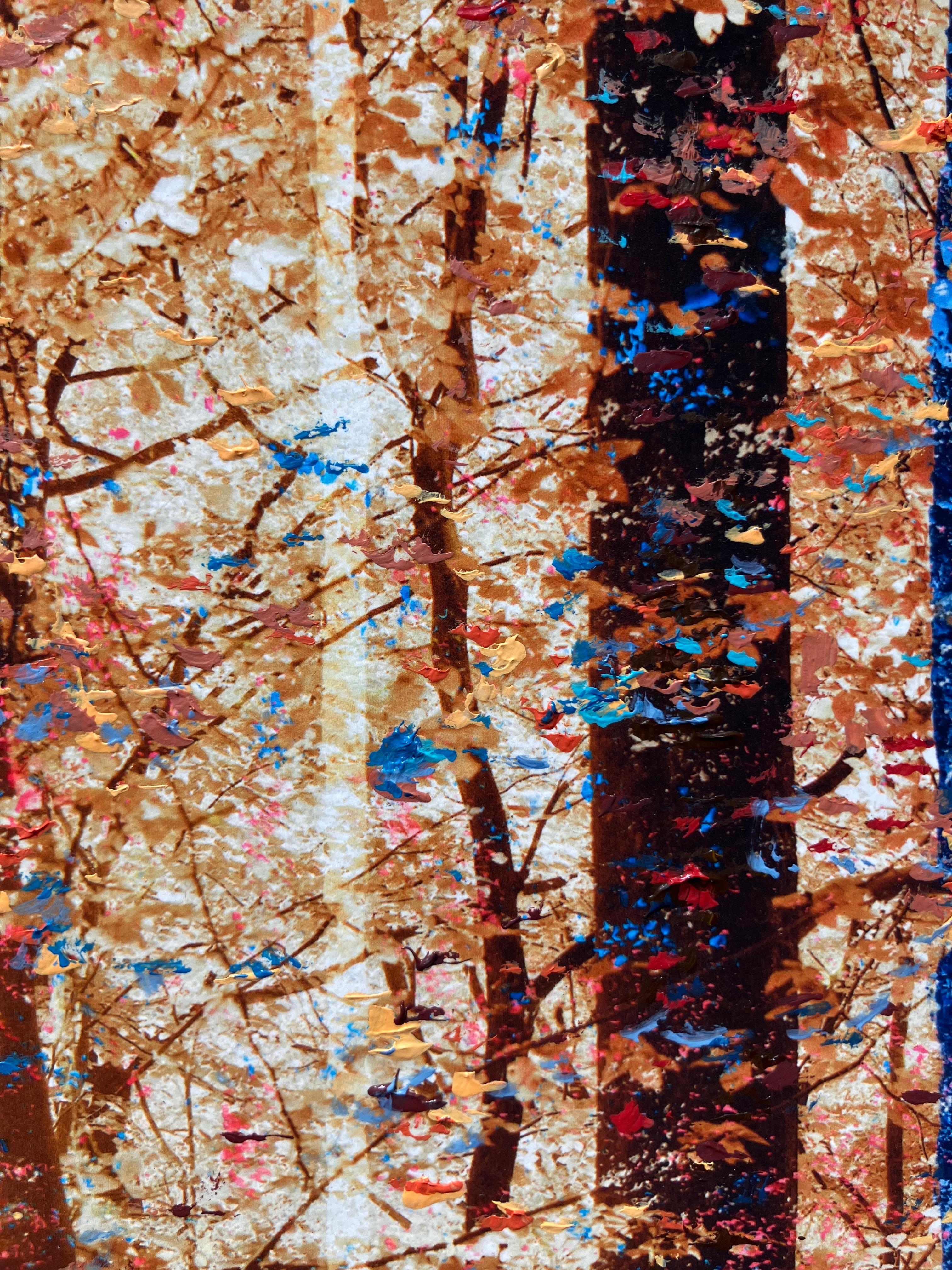 ''Emerveillement'' Oeuvre d'art unique d'une forêt en beige, rose et bleu, arbres 4