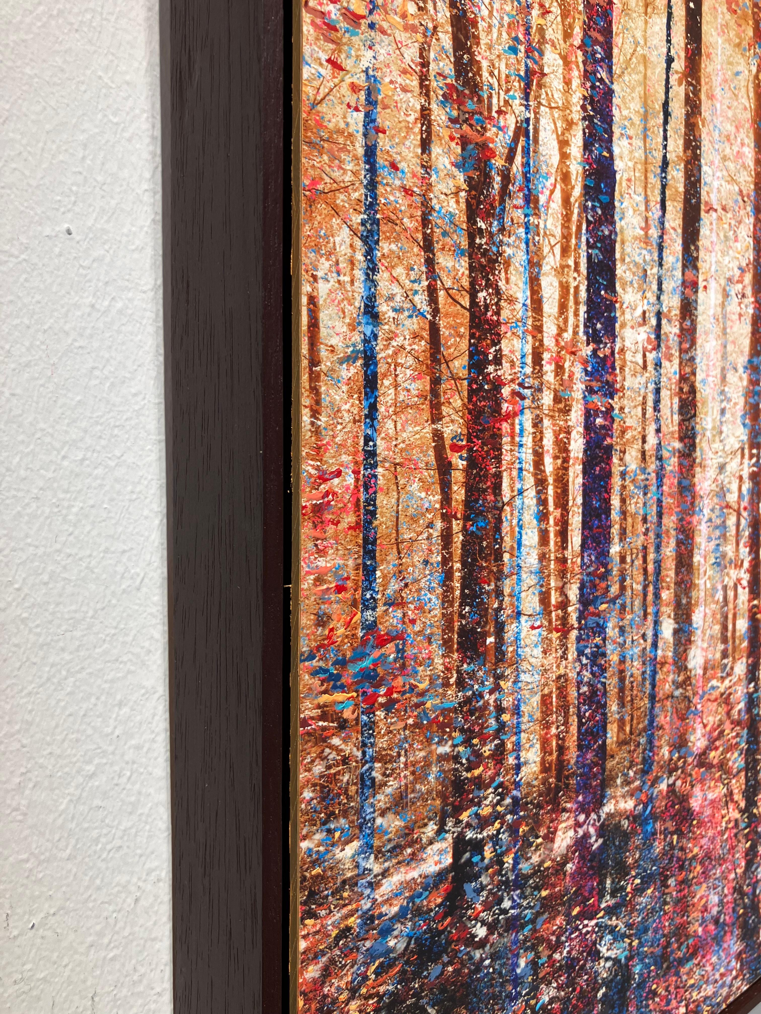 ''Emerveillement'' Oeuvre d'art unique d'une forêt en beige, rose et bleu, arbres 5