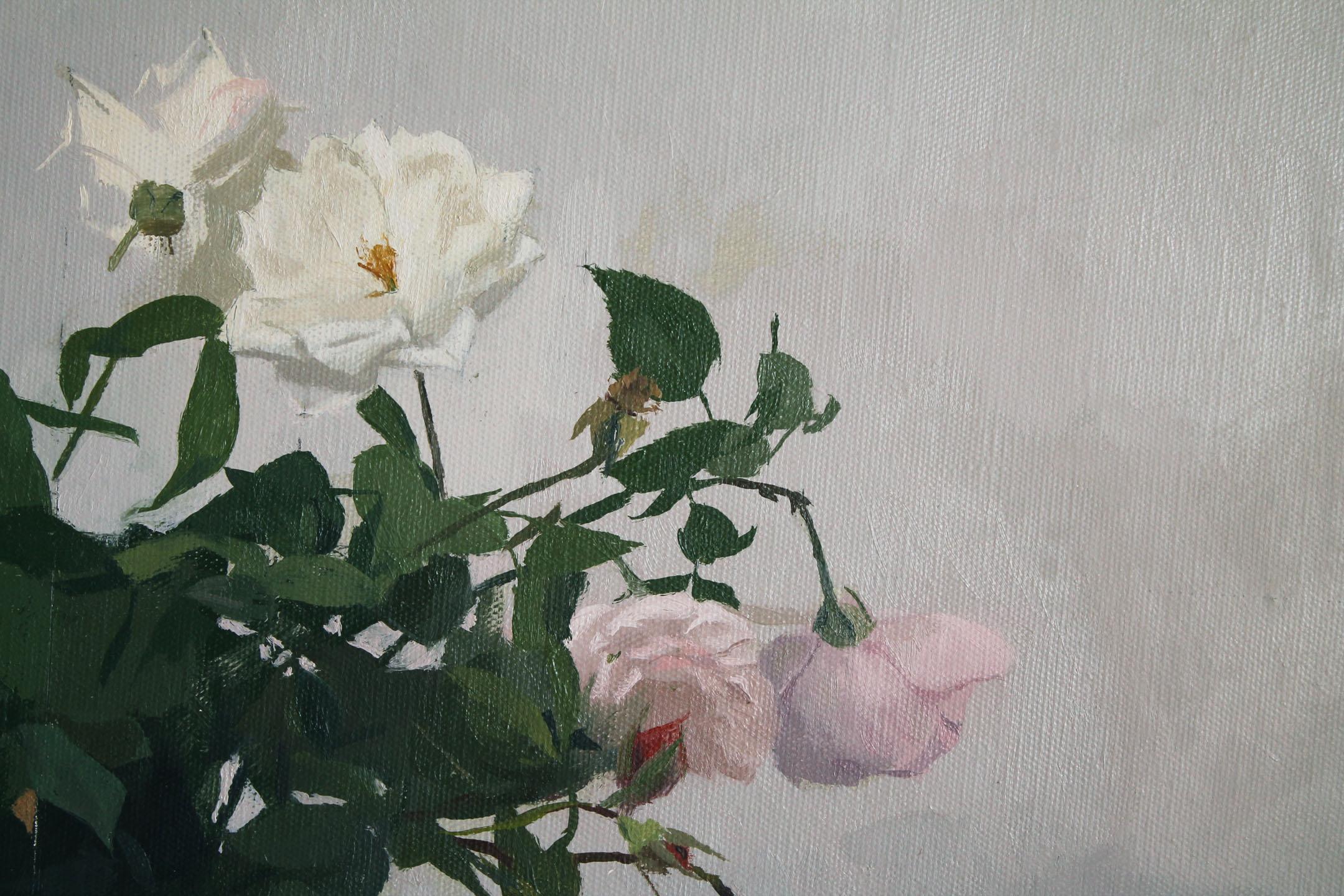 Garden Roses 2 - Gray Still-Life Painting by Martin Dimitrov