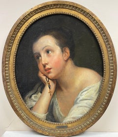 Fine 18th Century French Oil Painting, Oval Portrait of Young Lady in Prayer