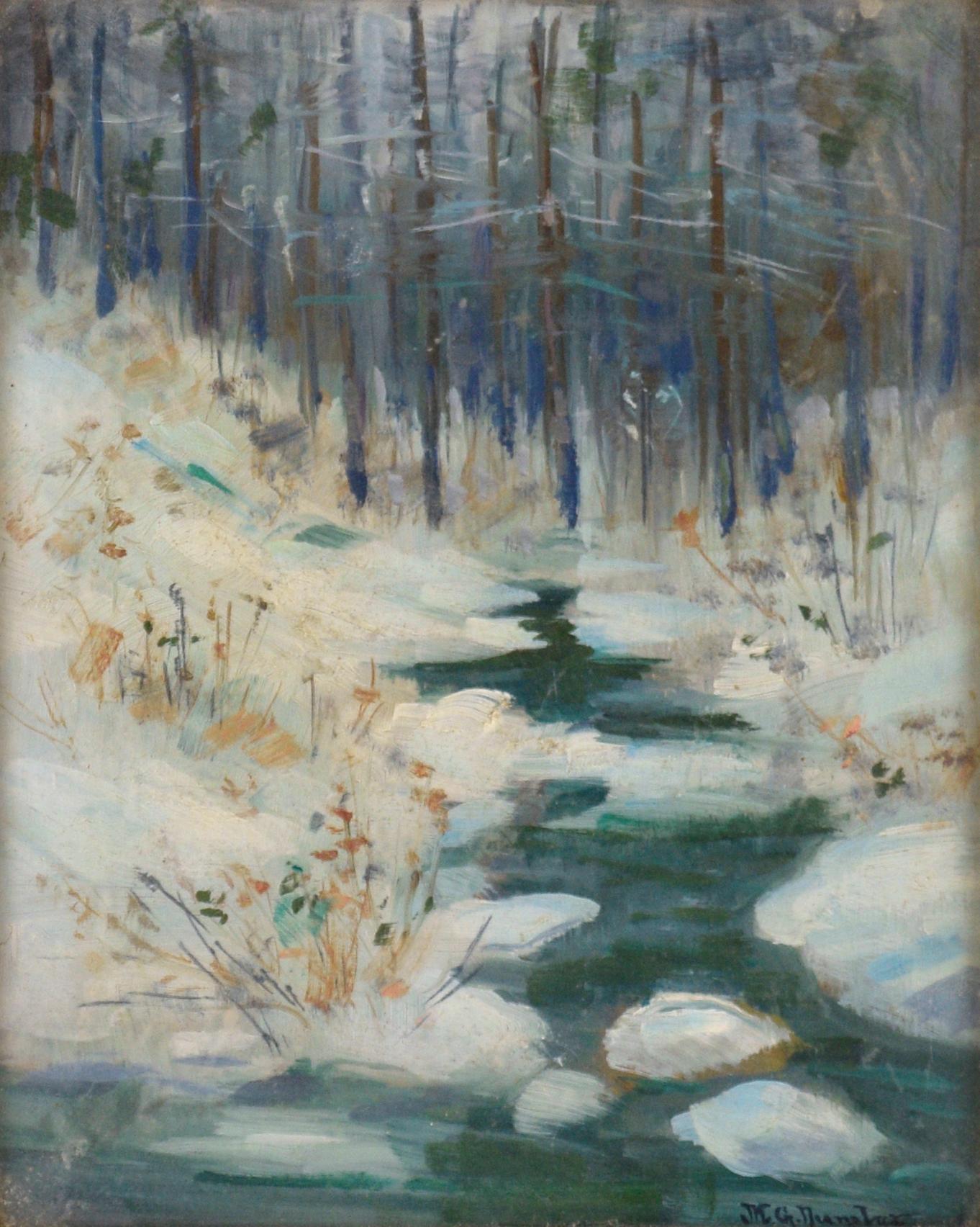 Stream in Winter, Early 20th Century Snowy Landscape  - Painting by Martin Dumler