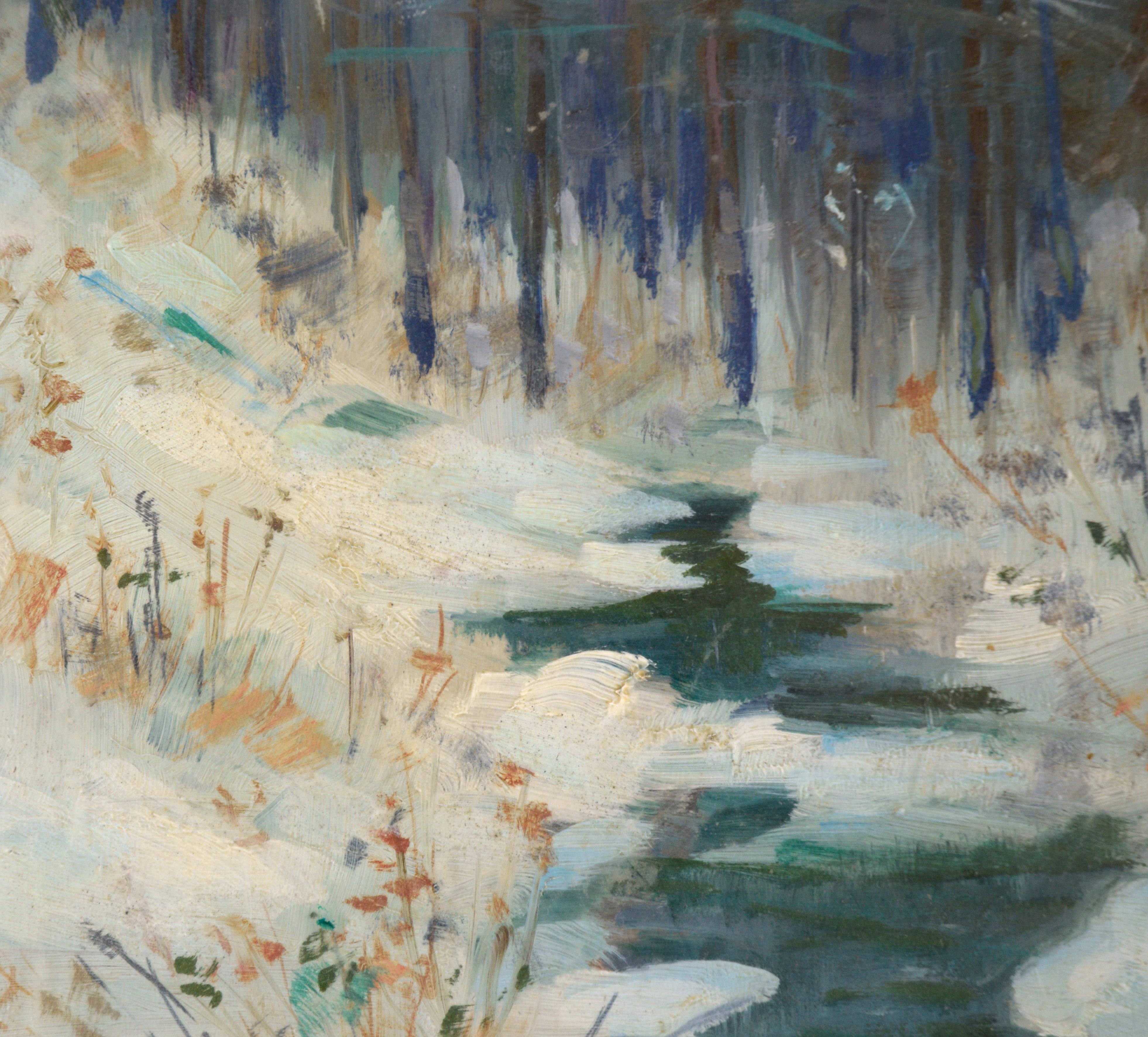 Sereno paesaggio in scala ridotta di un ruscello in inverno dell'artista dell'Ohio Martin George Dumler (americano, 1868-1958), risalente ai primi anni del 1900. Il ruscello blu intenso scorre pacificamente tra i banchi di neve bianca, verso gli