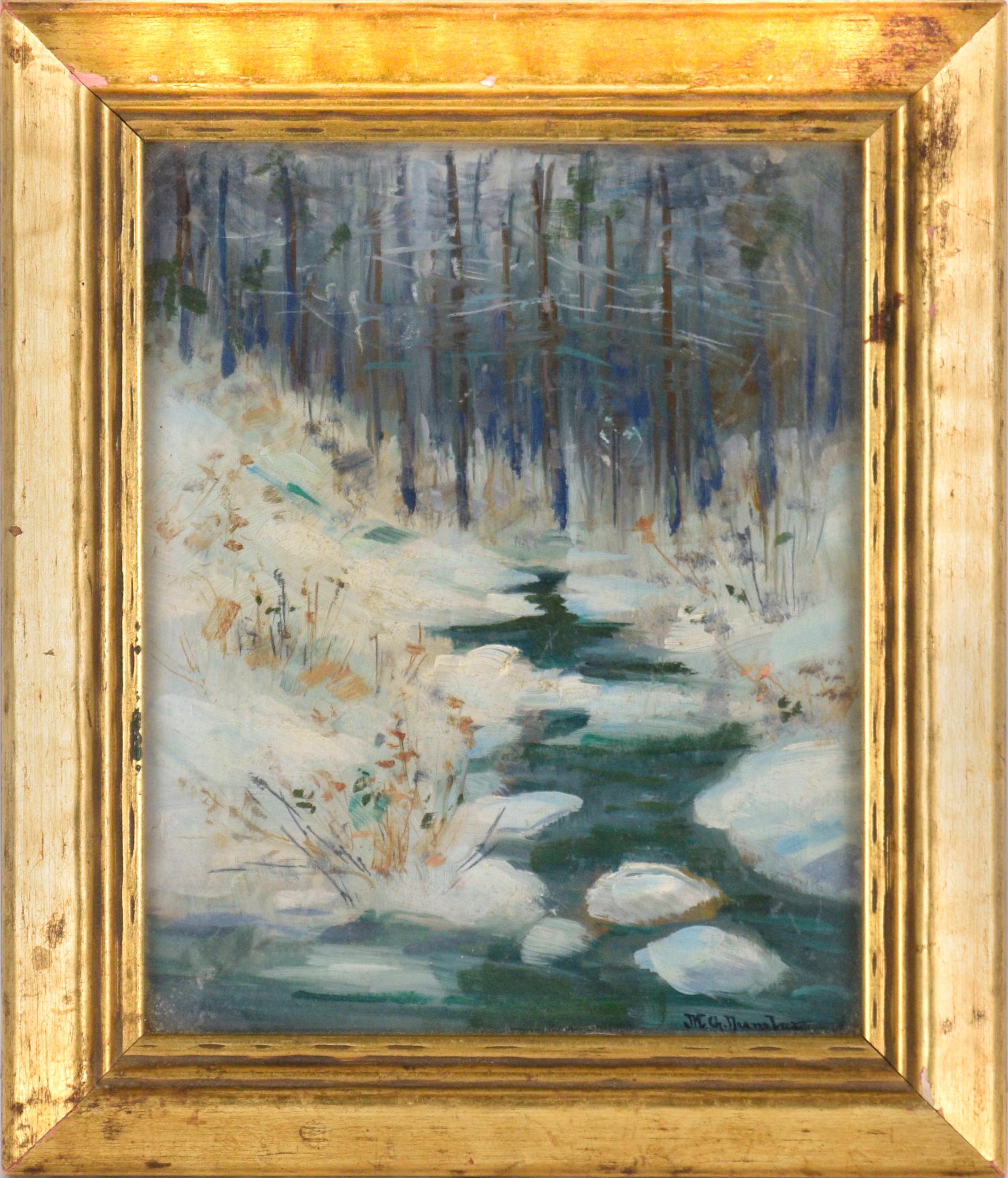 Ruscello in inverno, paesaggio innevato dei primi del Novecento