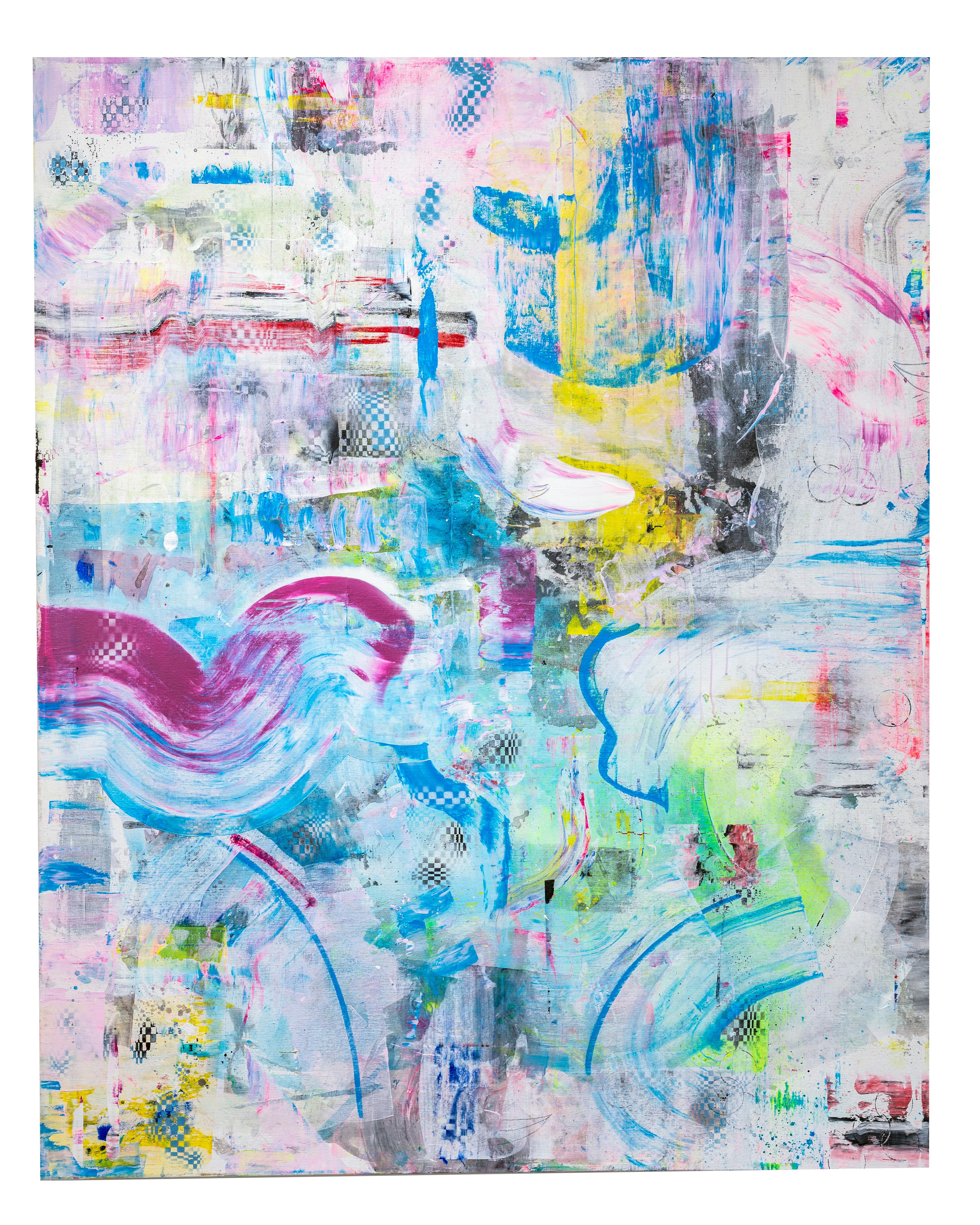 Martin Durazo Abstract Painting - Bright colors, medium canvas, abstract, pink, blue, yellow, chaos, energy