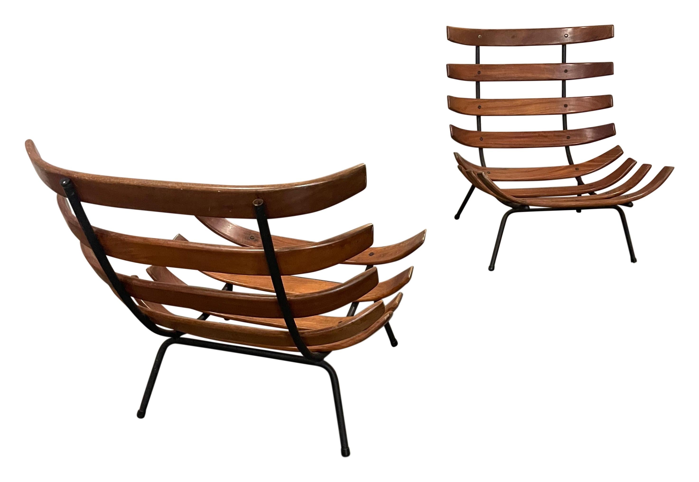 An Iconic pair of Costela lounge chairs by legendary Brazilian designers Carlo Hauner and Martin Eisler for Forma Nova, Brazil.
In excellent condition.
The name ‘Costela’ which translates as rib, is apparent in the design with  wooden slats that