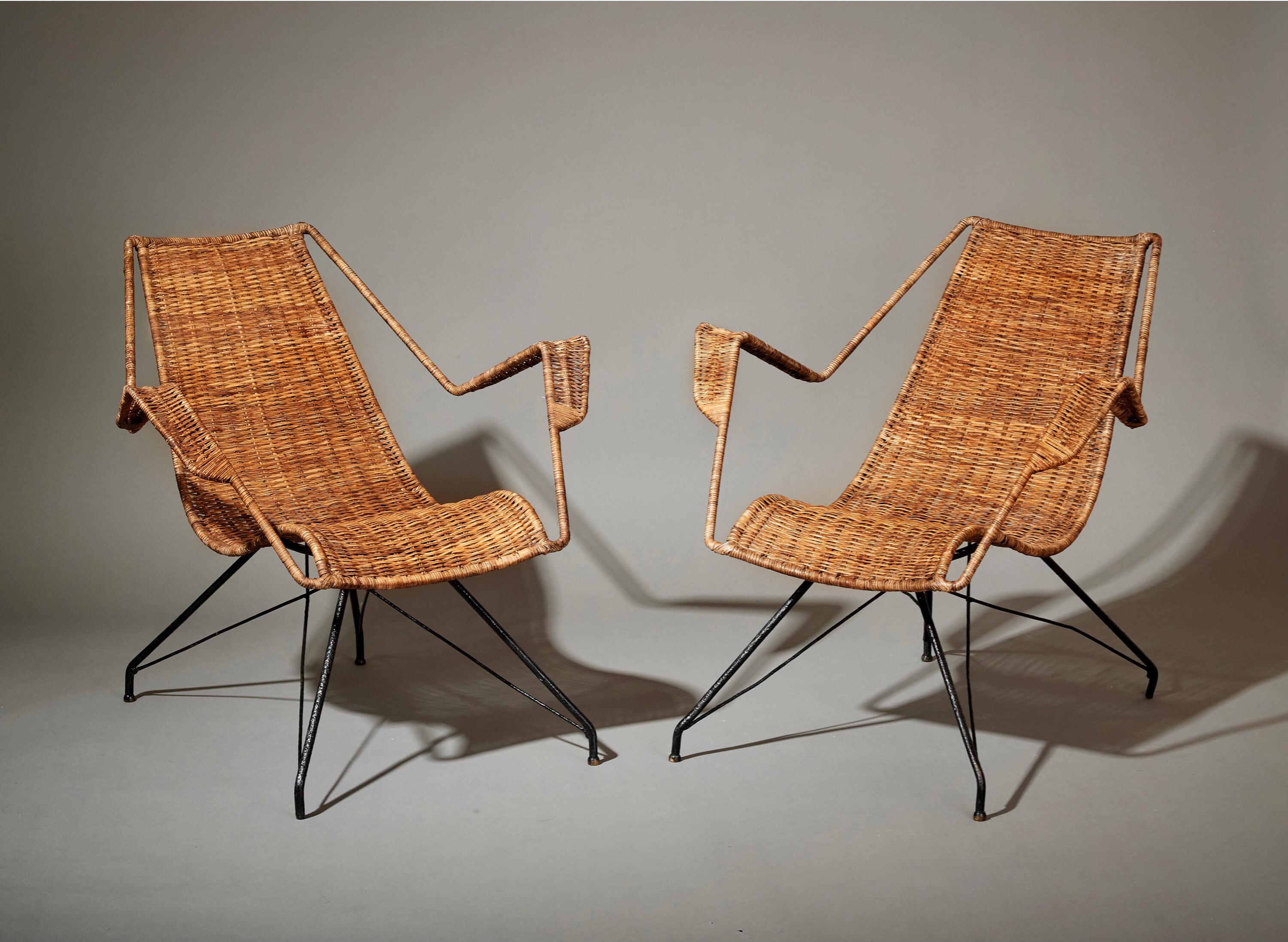 Mid-Century Modern Paire de fauteuils en rotin rares Martin Eisler et Carlo Hauner, Brésil, 1950 en vente
