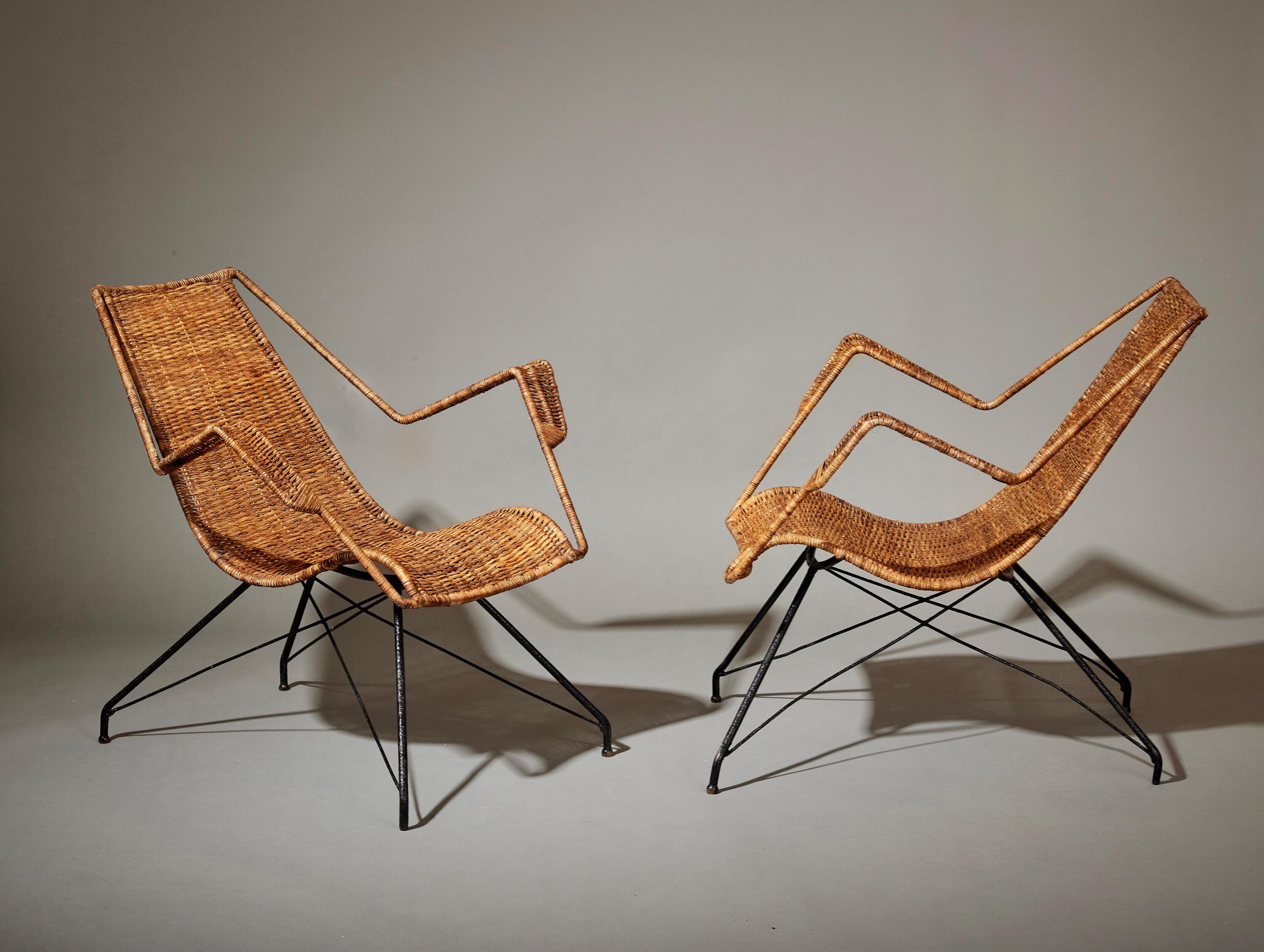 Brazilian Martin Eisler and Carlo Hauner Rare Pair of Rattan Armchairs, Brazil, 1950 For Sale