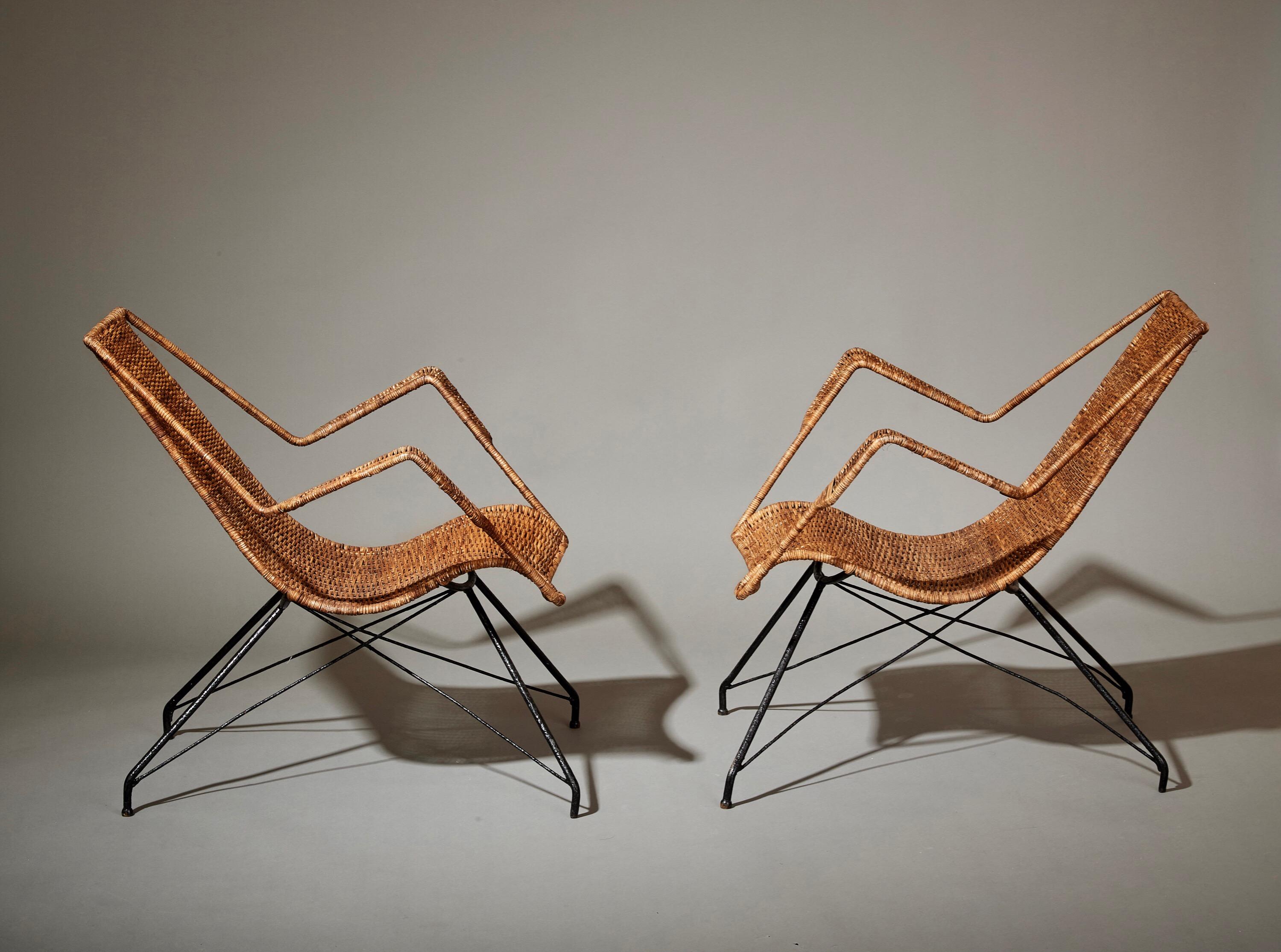 Émaillé Paire de fauteuils en rotin rares Martin Eisler et Carlo Hauner, Brésil, 1950 en vente