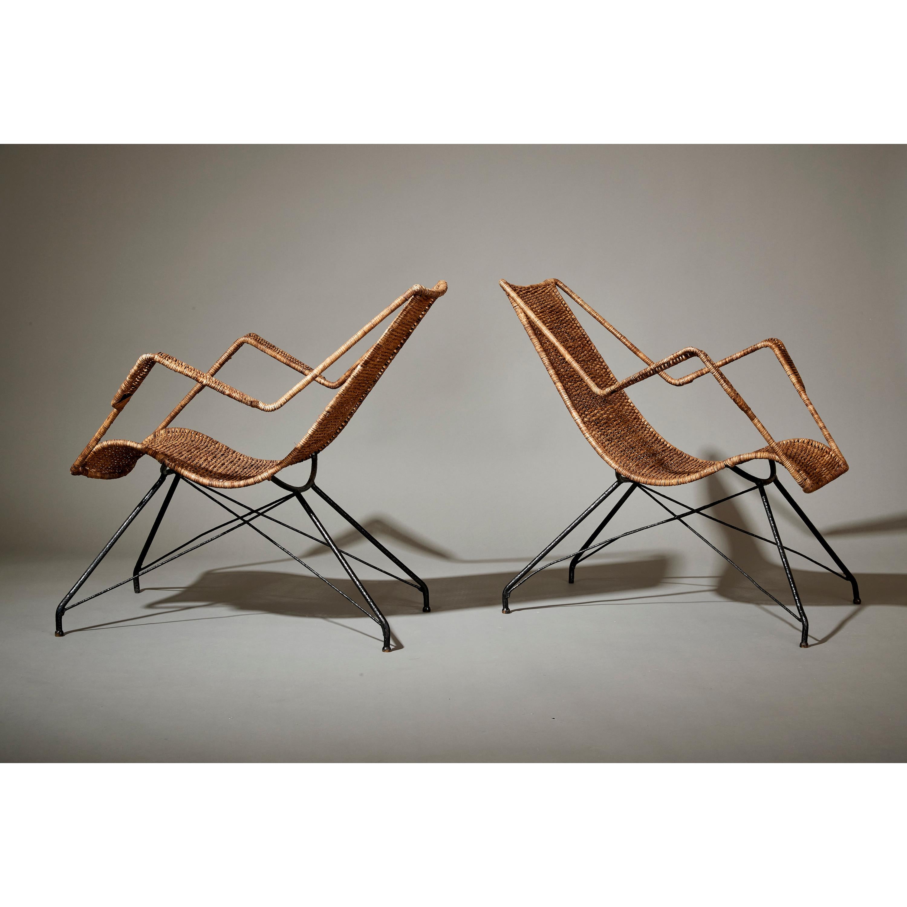 Osier Paire de fauteuils en rotin rares Martin Eisler et Carlo Hauner, Brésil, 1950 en vente