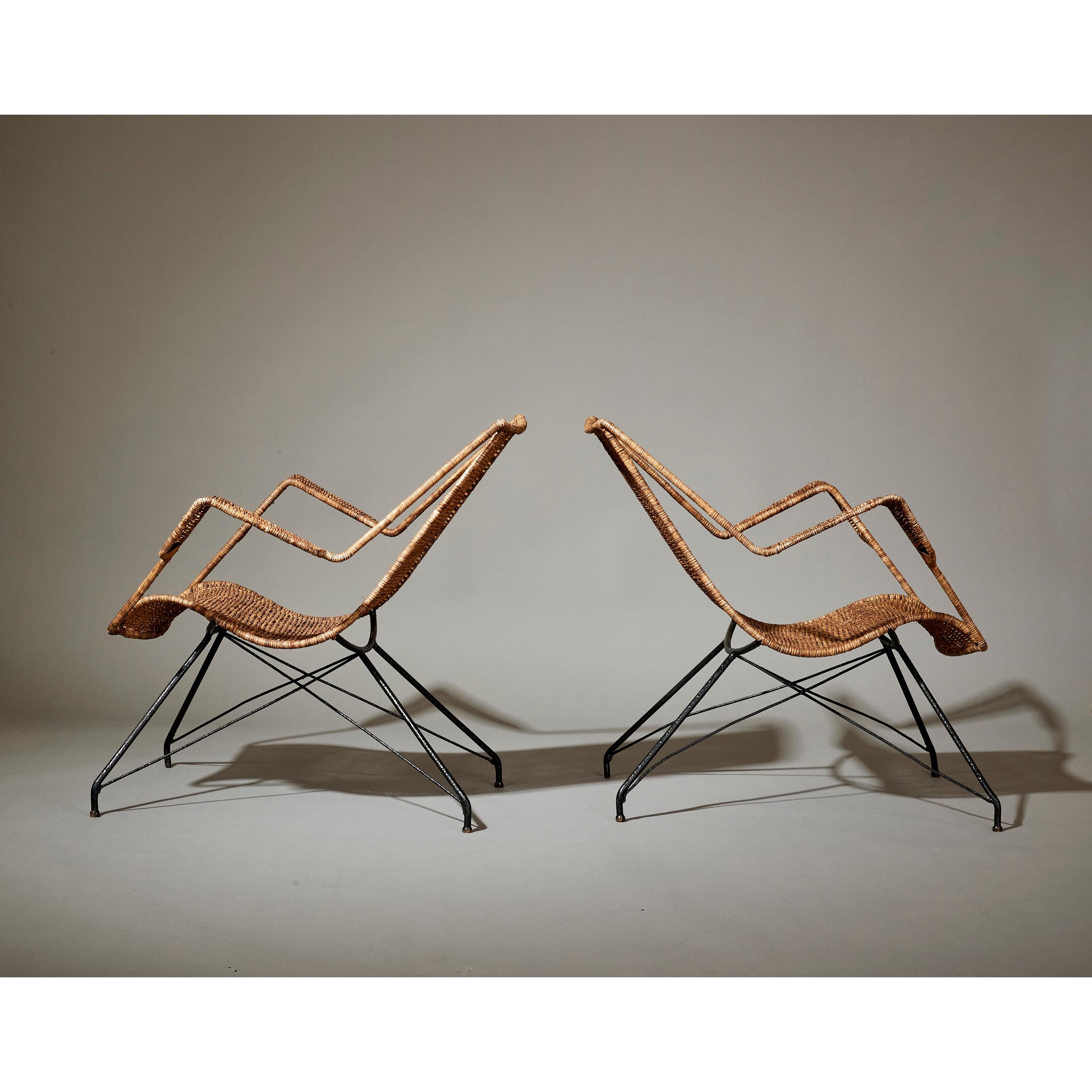Paire de fauteuils en rotin rares Martin Eisler et Carlo Hauner, Brésil, 1950 en vente 1