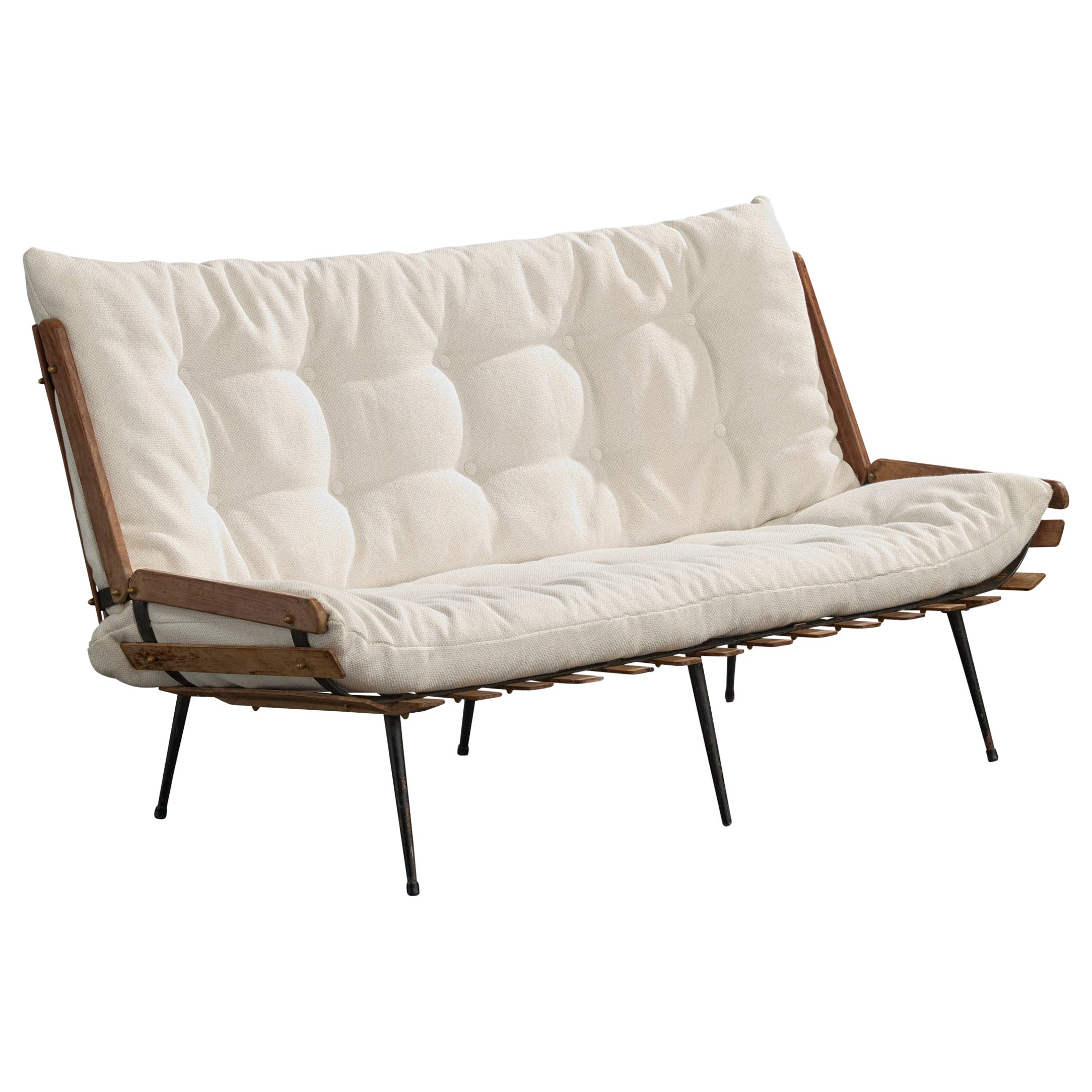 Martin Eisler Attribution, Sofa, Wood, Fabric, Metal, Brazil, 1960s For Sale