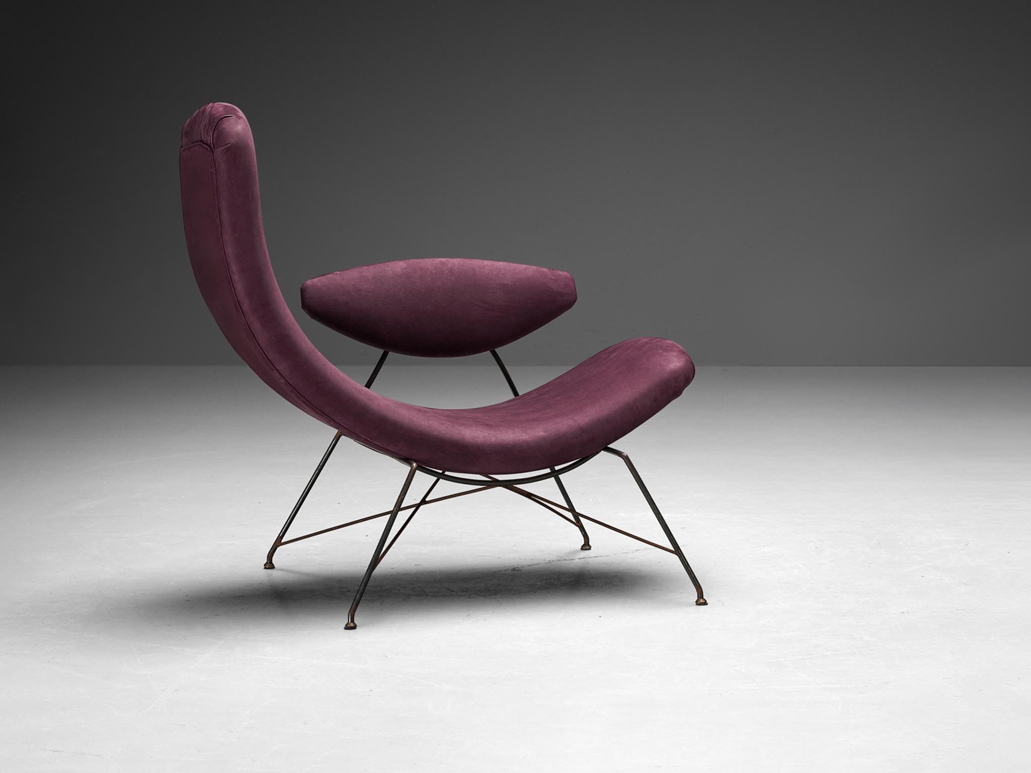 Martin Eisler and Carlo Hauner, 'Reversible' lounge chair, nubuck leather Long Beach - Grape Wine by Montebello, lacquered iron, brass, Brazil, 1955

The early edition Reversible lounge chair, designed by Brazilian design masters Martin Eisler and