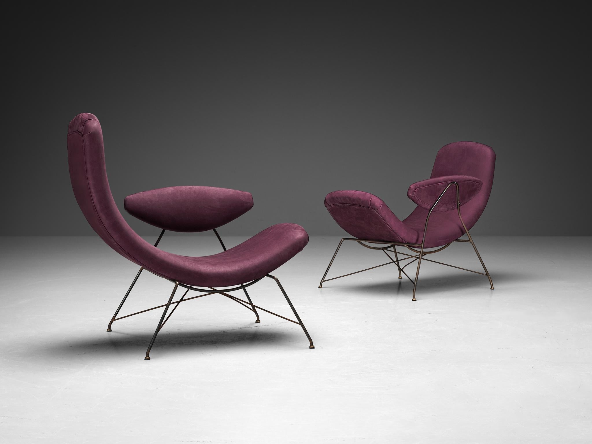 Martin Eisler and Carlo Hauner, 'Reversible' lounge chairs, nubuck leather Long Beach - Grape Wine by Montebello, lacquered iron, brass, Brazil, 1955

The early edition Reversible lounge chairs, designed by Brazilian design masters Martin Eisler and