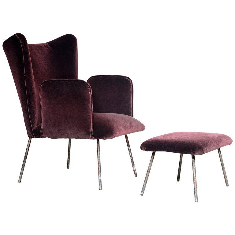 Upholstery Martin Eisler & Carlo Hauner Pair of Purple Velvet Armchairs with Ottomans For Sale