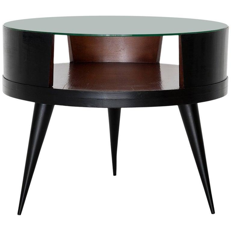 Ebonized Martin Eisler & Carlo Hauner Round Brazilian Wood and Glass Coffee Table For Sale