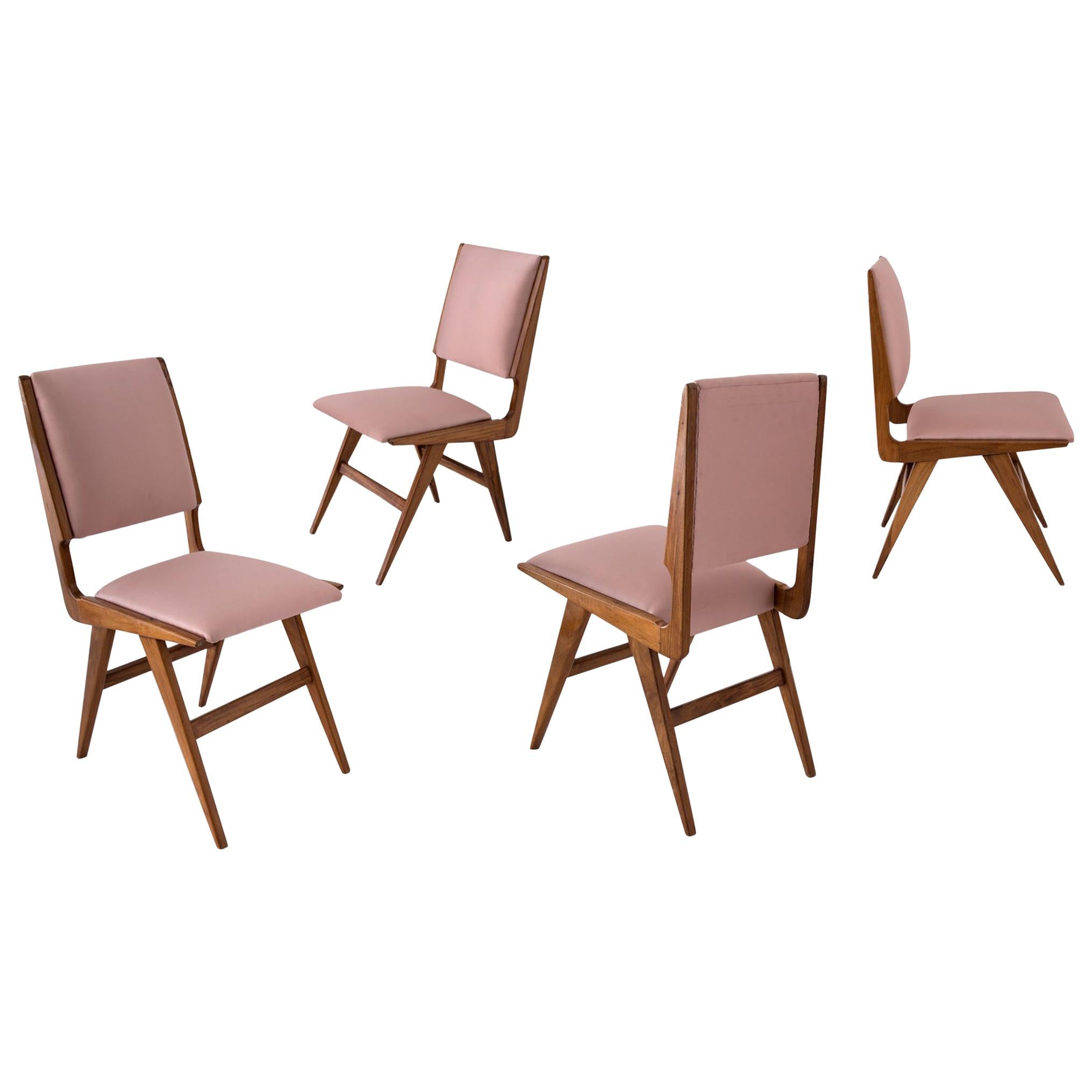 Martin Eisler & Carlo Hauner Brazilian Design Pink Silk Wood Dining Chairs, 1950