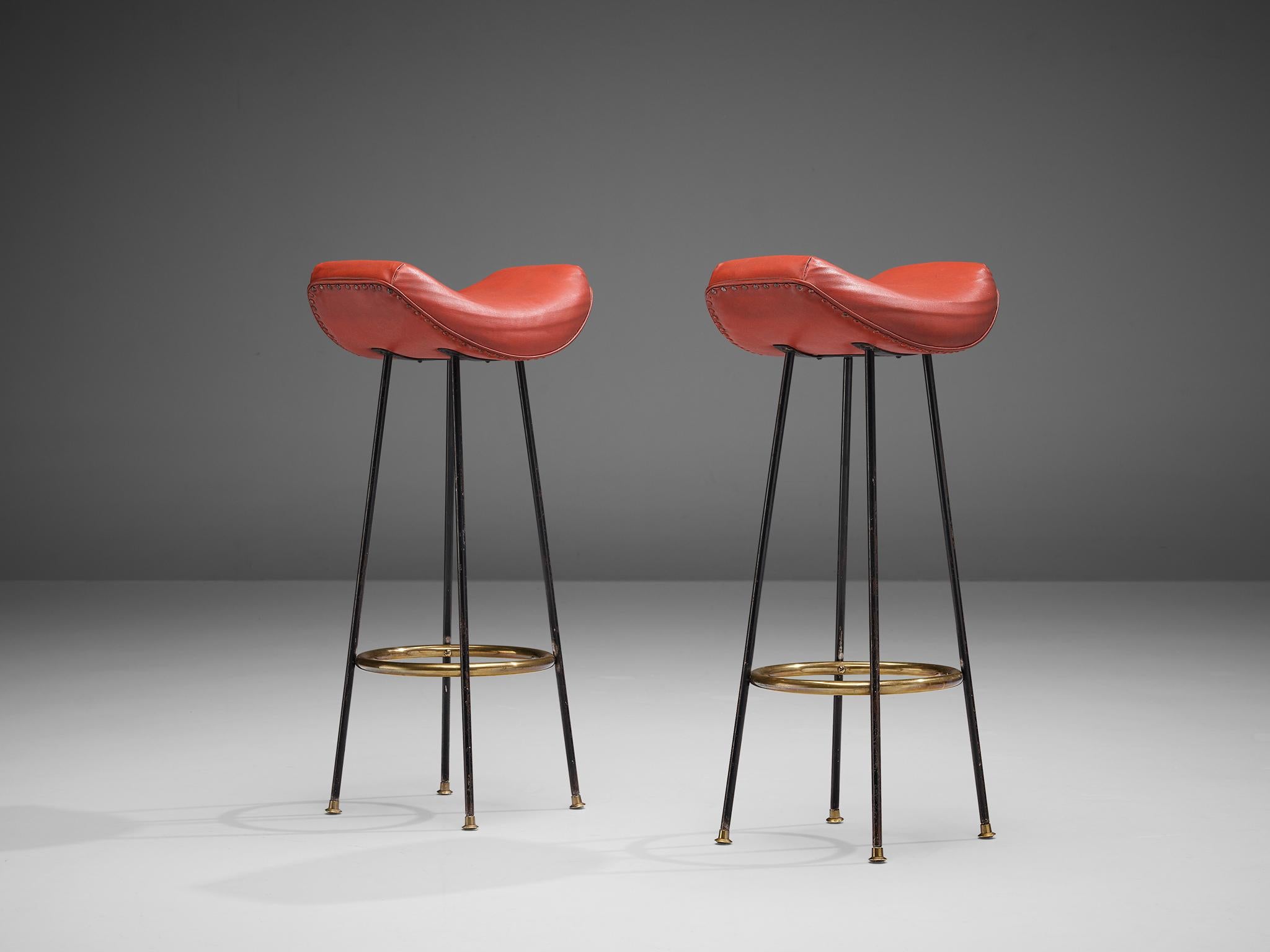 Metal Martin Eisler for Forma Pair of Bar Stools in Red Leather