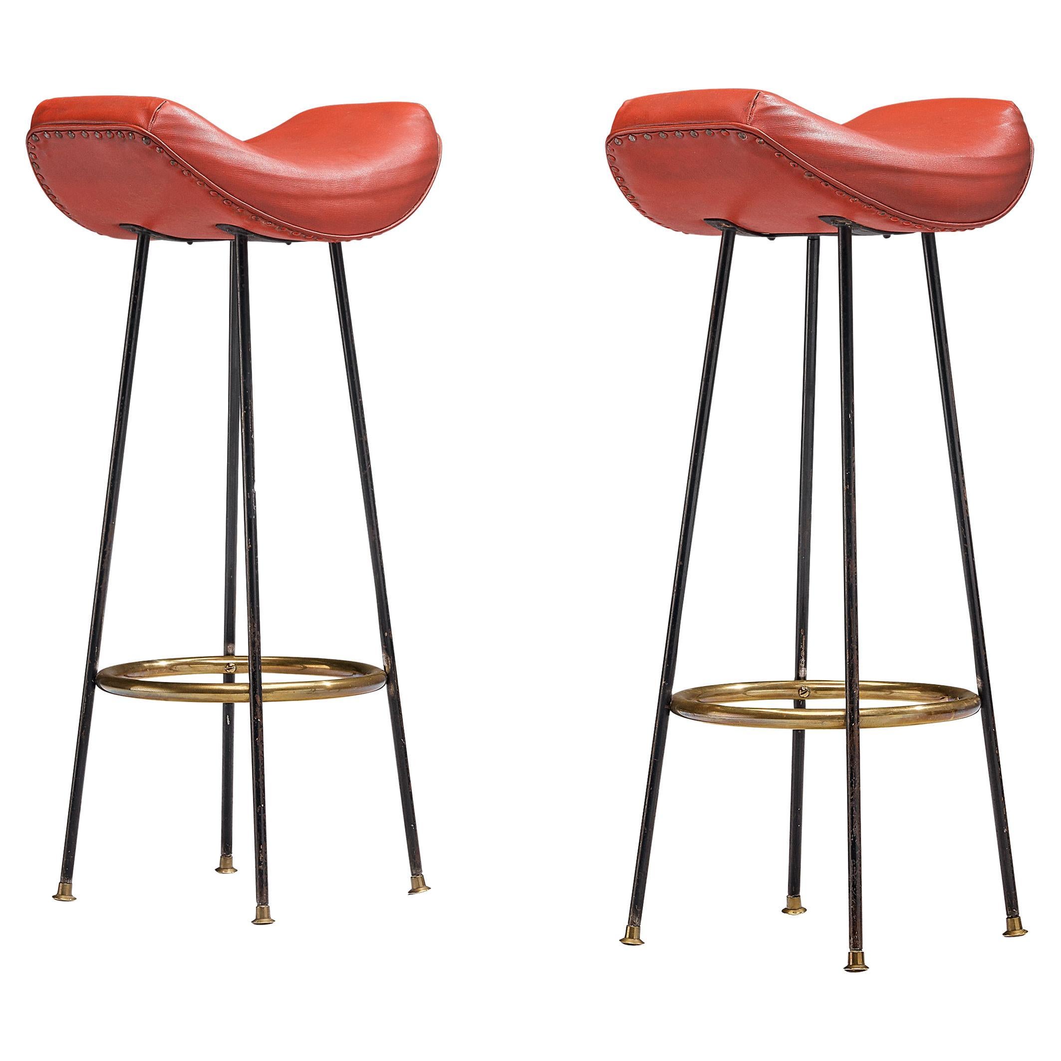 Martin Eisler for Forma Pair of Bar Stools in Red Leather