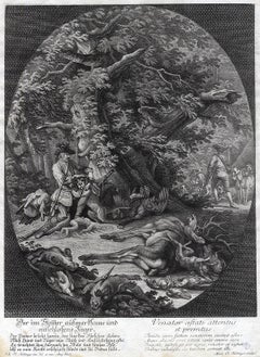 Antique hunting scene print in the summer by Ridinger - Engraving - 18th century