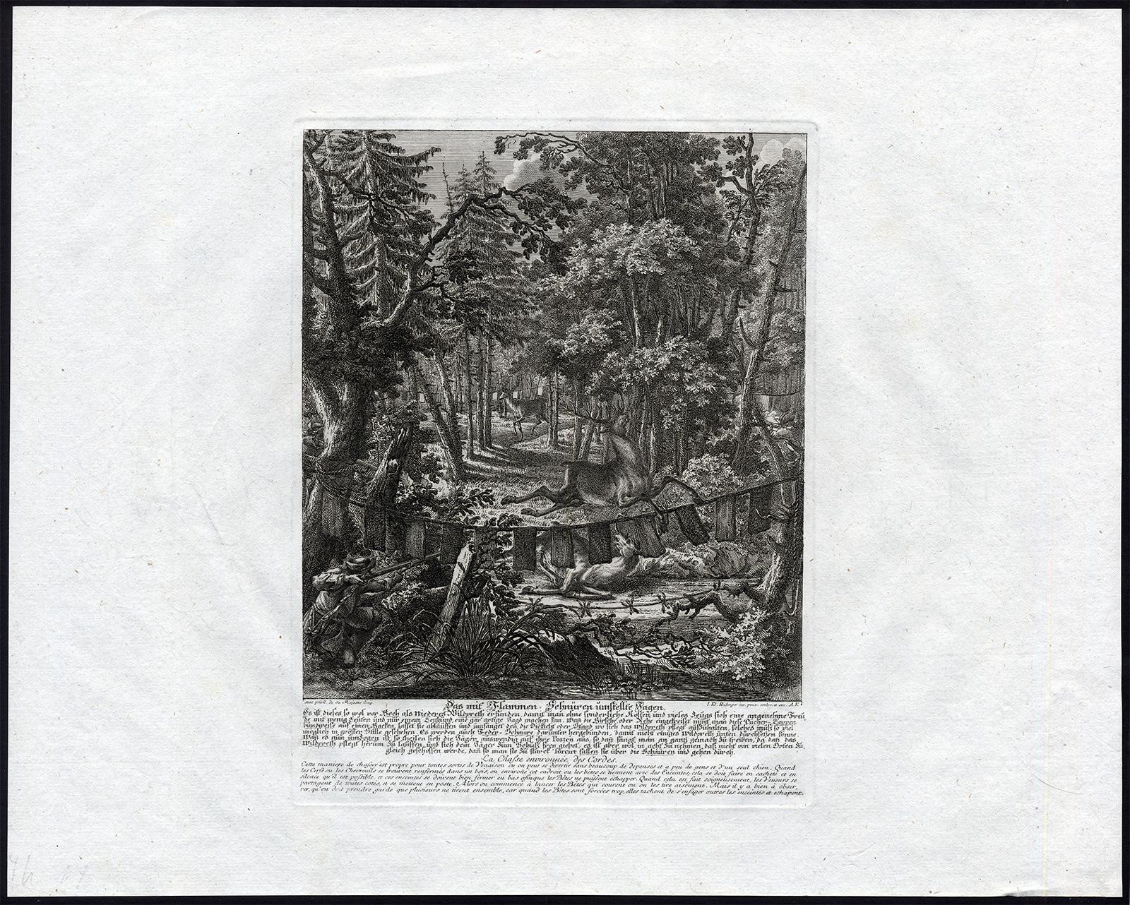Antique hunting scene print with a deer trap by Ridinger - Engraving - 18th c - Print by Martin Elias Ridinger