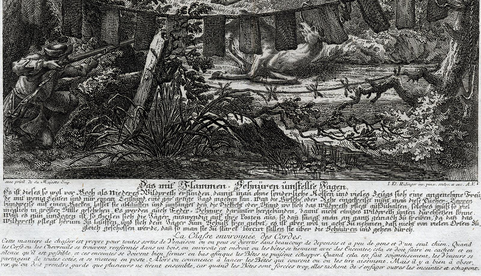 Antique hunting scene print with a deer trap by Ridinger - Engraving - 18th c - Old Masters Print by Martin Elias Ridinger