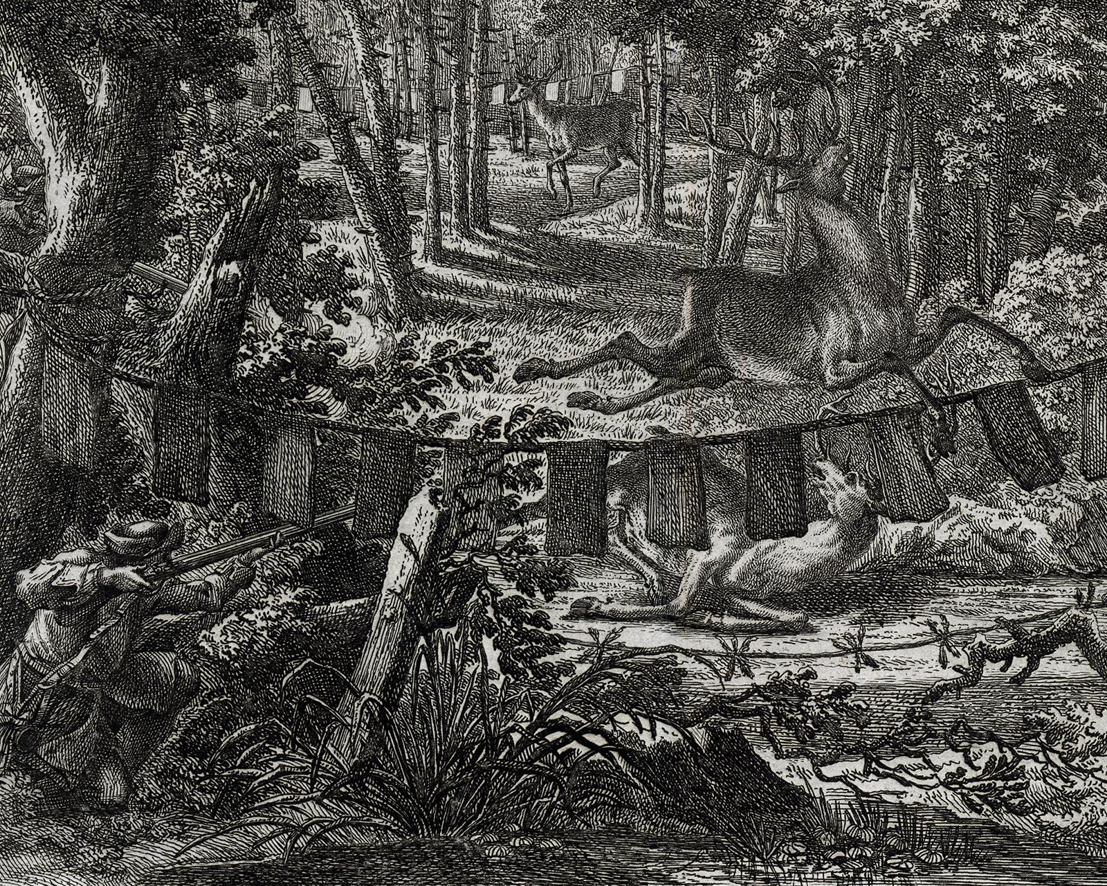 Antique hunting scene print with a deer trap by Ridinger - Engraving - 18th c - Black Landscape Print by Martin Elias Ridinger