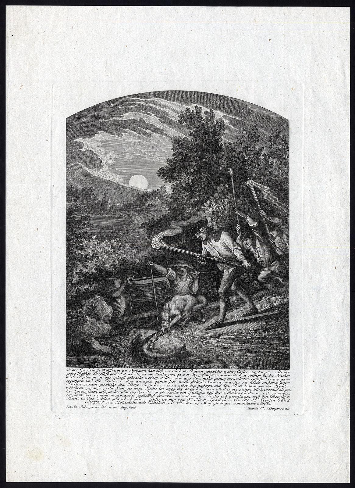 Antique hunting scene print with fox and a pike by Ridinger - Engraving - 18th c - Print by Martin Elias Ridinger