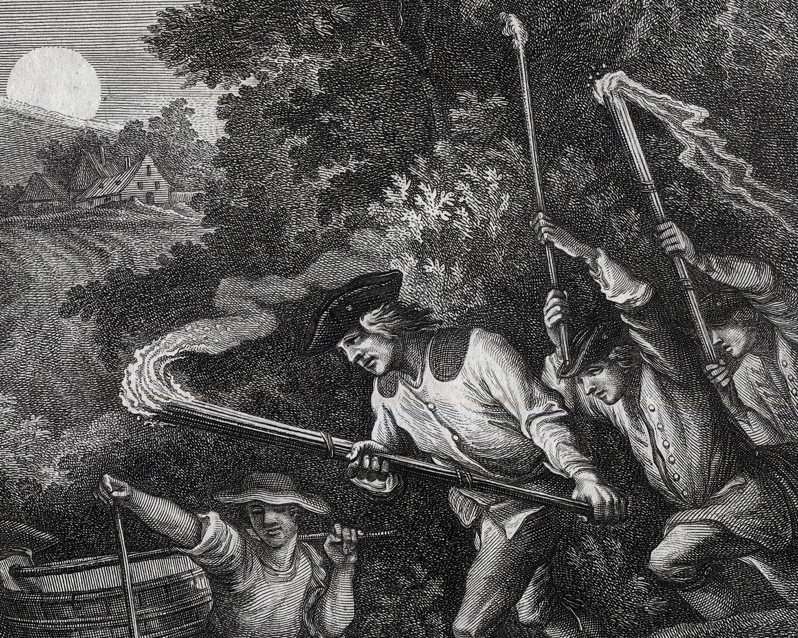 Antique hunting scene print with fox and a pike by Ridinger - Engraving - 18th c - Gray Landscape Print by Martin Elias Ridinger