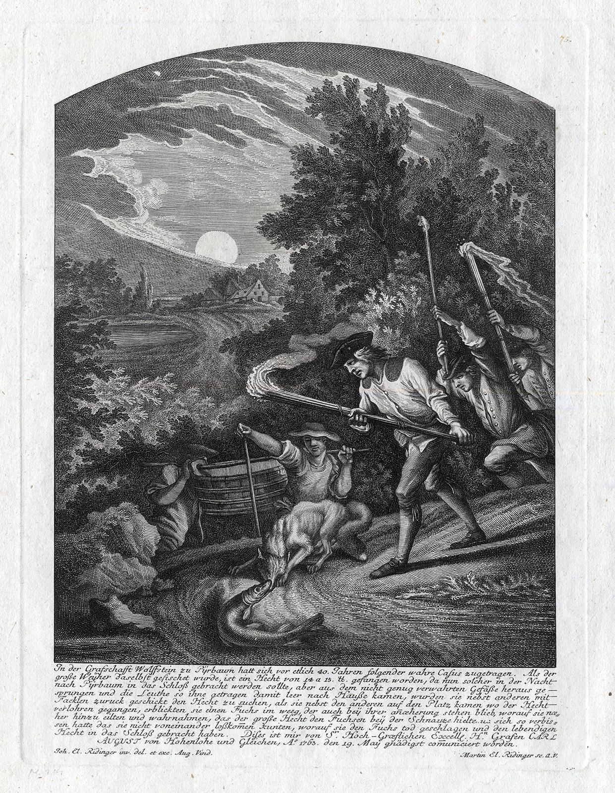 Martin Elias Ridinger Landscape Print - Antique hunting scene print with fox and a pike by Ridinger - Engraving - 18th c