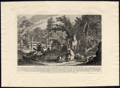 Antique hunting scene print with several deers by Ridinger - Engraving - 18th c