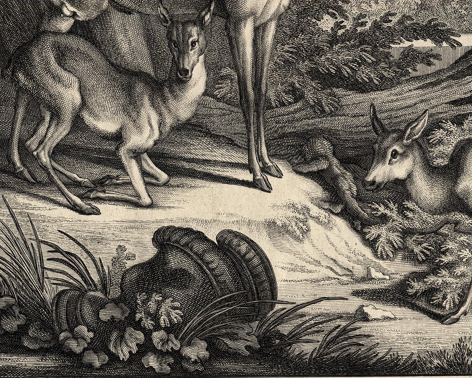 Antique hunting scene print with several deers by Ridinger - Engraving - 18th c - Brown Landscape Print by Martin Elias Ridinger