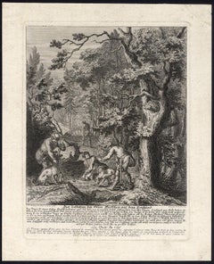 Antique hunting scene print with trained dogs by Ridinger - Engraving - 18th c