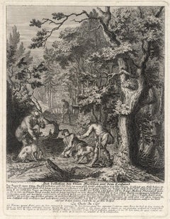 Antique hunting scene print with trained dogs by Ridinger - Engraving - 18th c