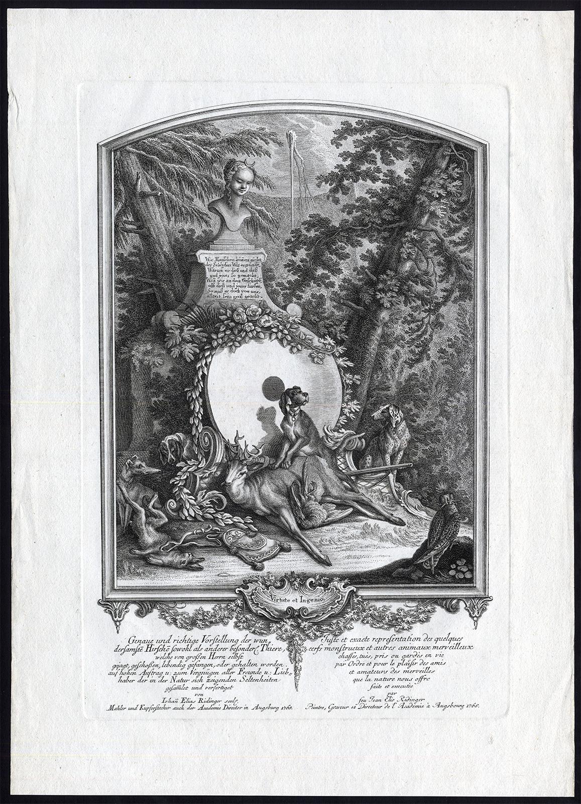 Antique print showing Selene and a hunting dog by Ridinger - Engraving - 18th c - Print by Martin Elias Ridinger