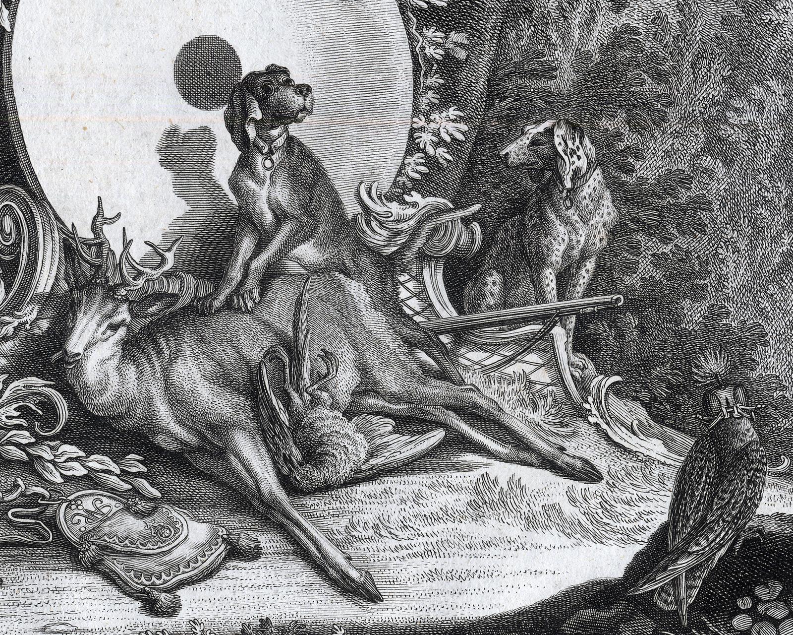 Antique print showing Selene and a hunting dog by Ridinger - Engraving - 18th c - Old Masters Print by Martin Elias Ridinger