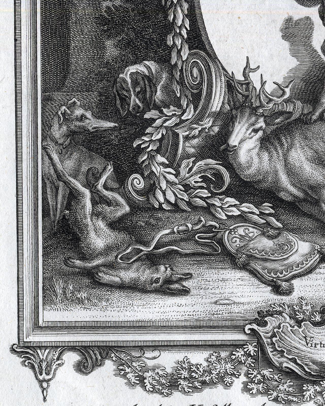 Subject: Antique print, titled: 'Virtute et Ingenio. Genaue und richtige Vorstellung der wundersamste Hische sowohl als anderer besondere Thiere. ' - ('Accurate and correct depiction of Deer and other special animals'). A bust of Selene looks down