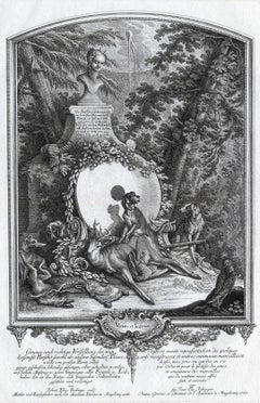 Antique print showing Selene and a hunting dog by Ridinger - Engraving - 18th c