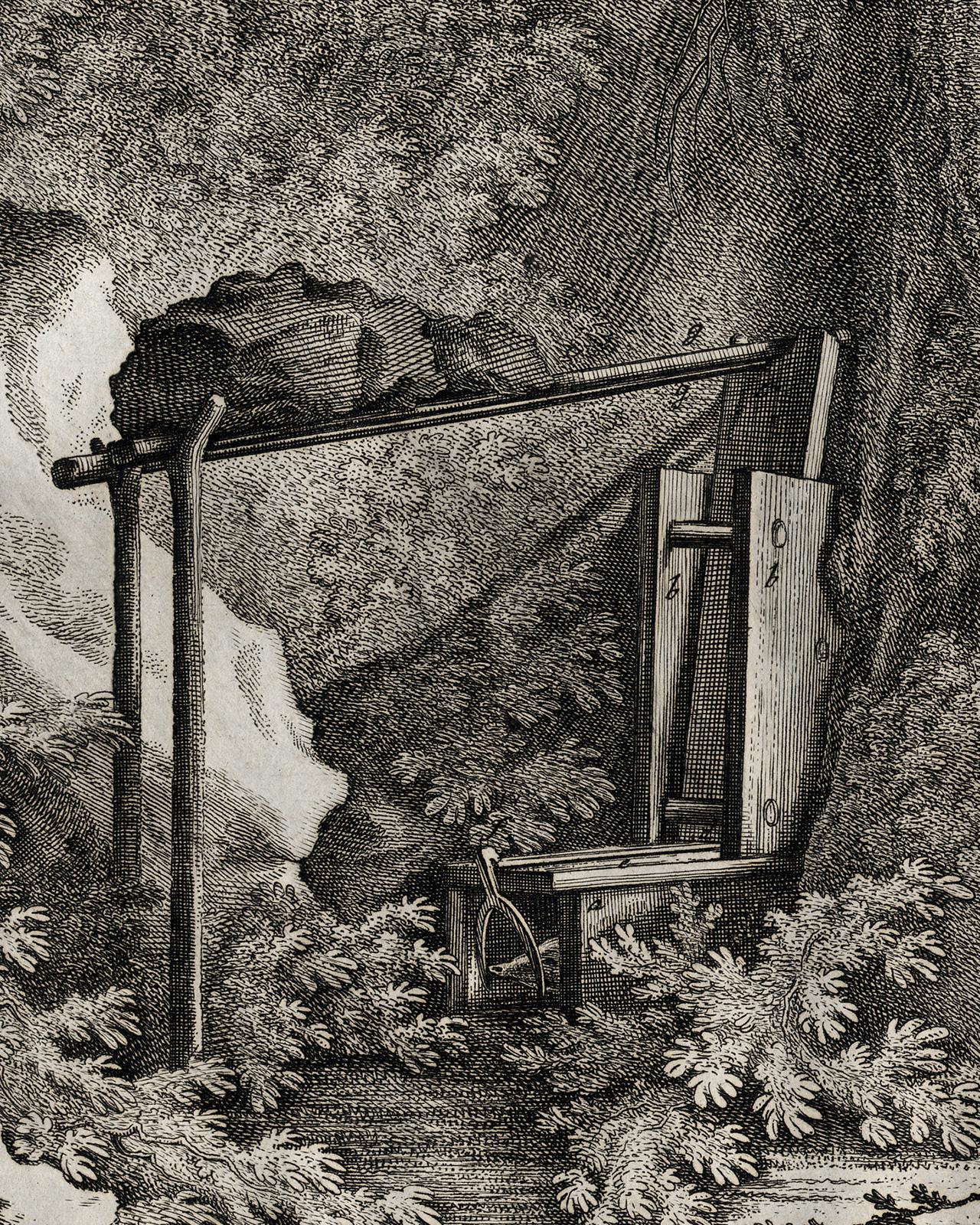 Hunting scene catching a badger in a trap by Ridinger - Engraving - 18th century - Old Masters Print by Martin Elias Ridinger
