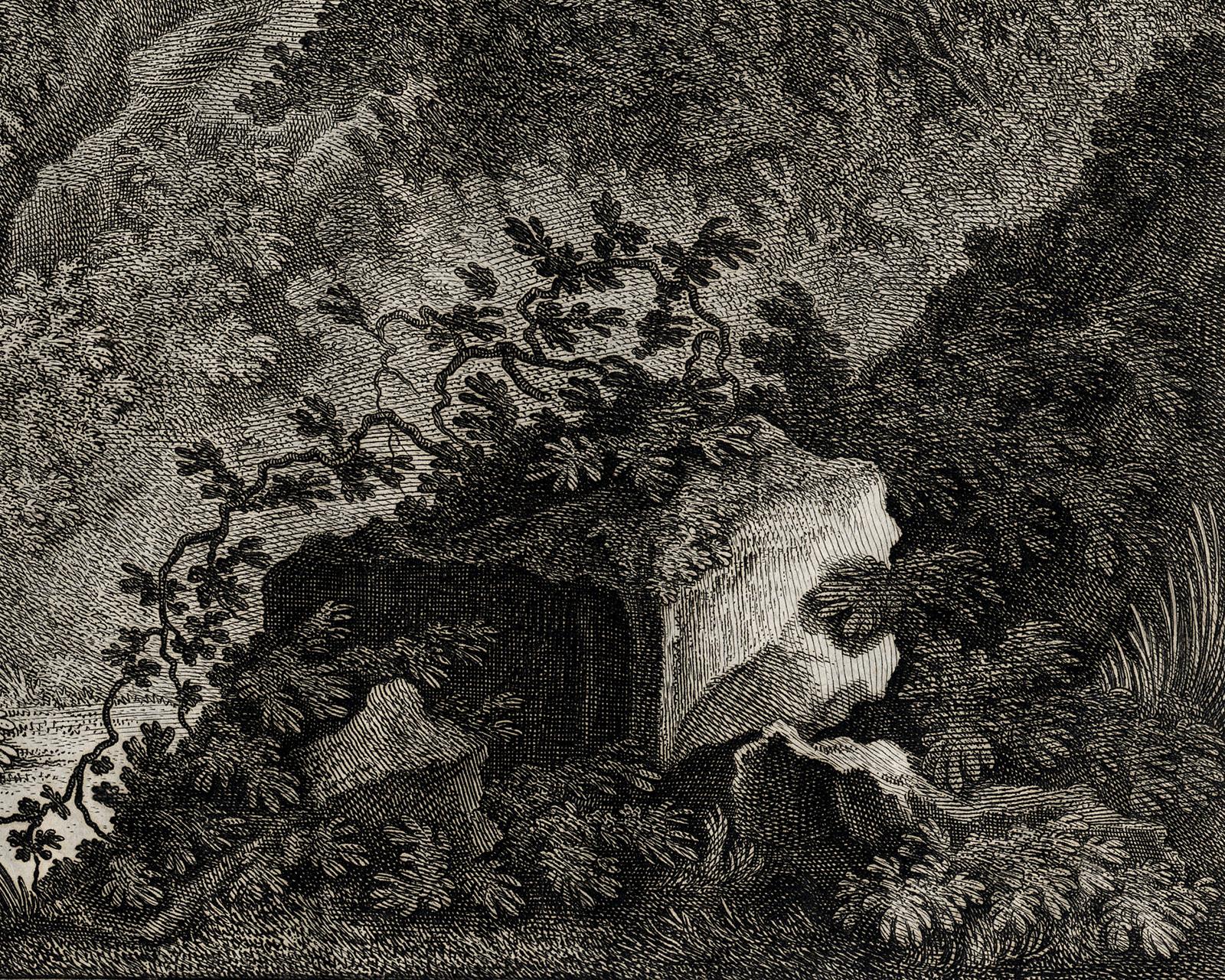 Hunting scene catching a badger in a trap by Ridinger - Engraving - 18th century - Black Landscape Print by Martin Elias Ridinger