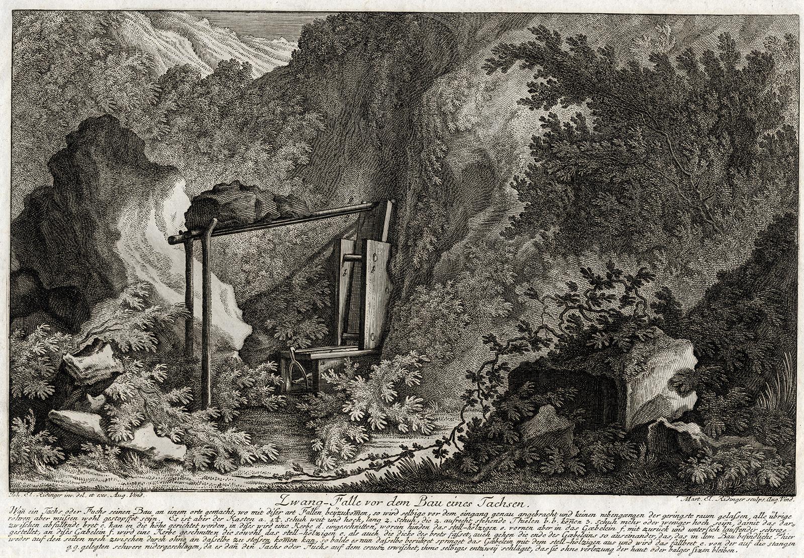 Martin Elias Ridinger Landscape Print - Hunting scene catching a badger in a trap by Ridinger - Engraving - 18th century
